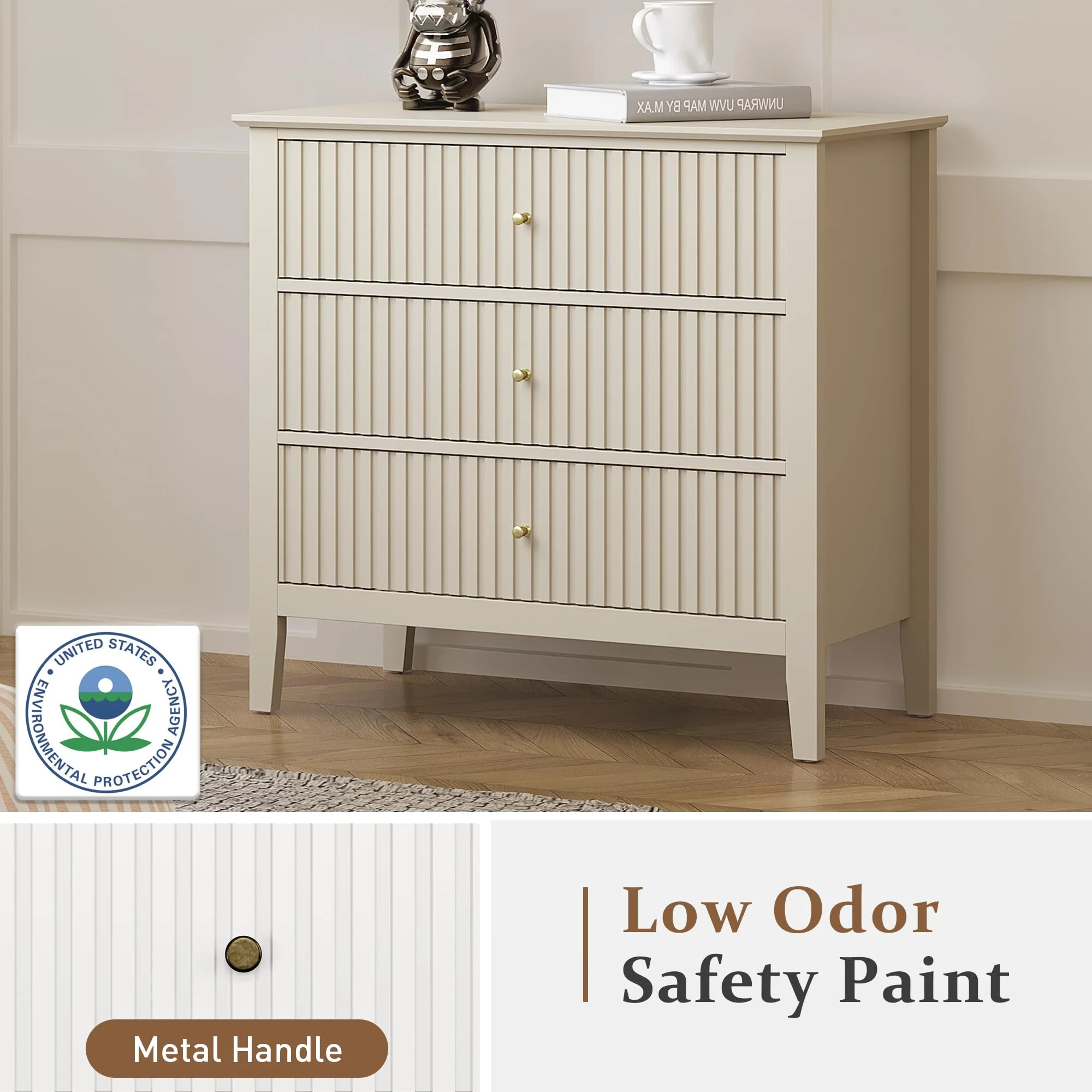 May Color Large White 3 Drawer Dresser Set of 2 with Fluted Panel, Modern Chest of Drawers with Silent Slide Drawers, Wood Accent Nightstand with Storage for Bedroom Living Room, Hallway - Image 51