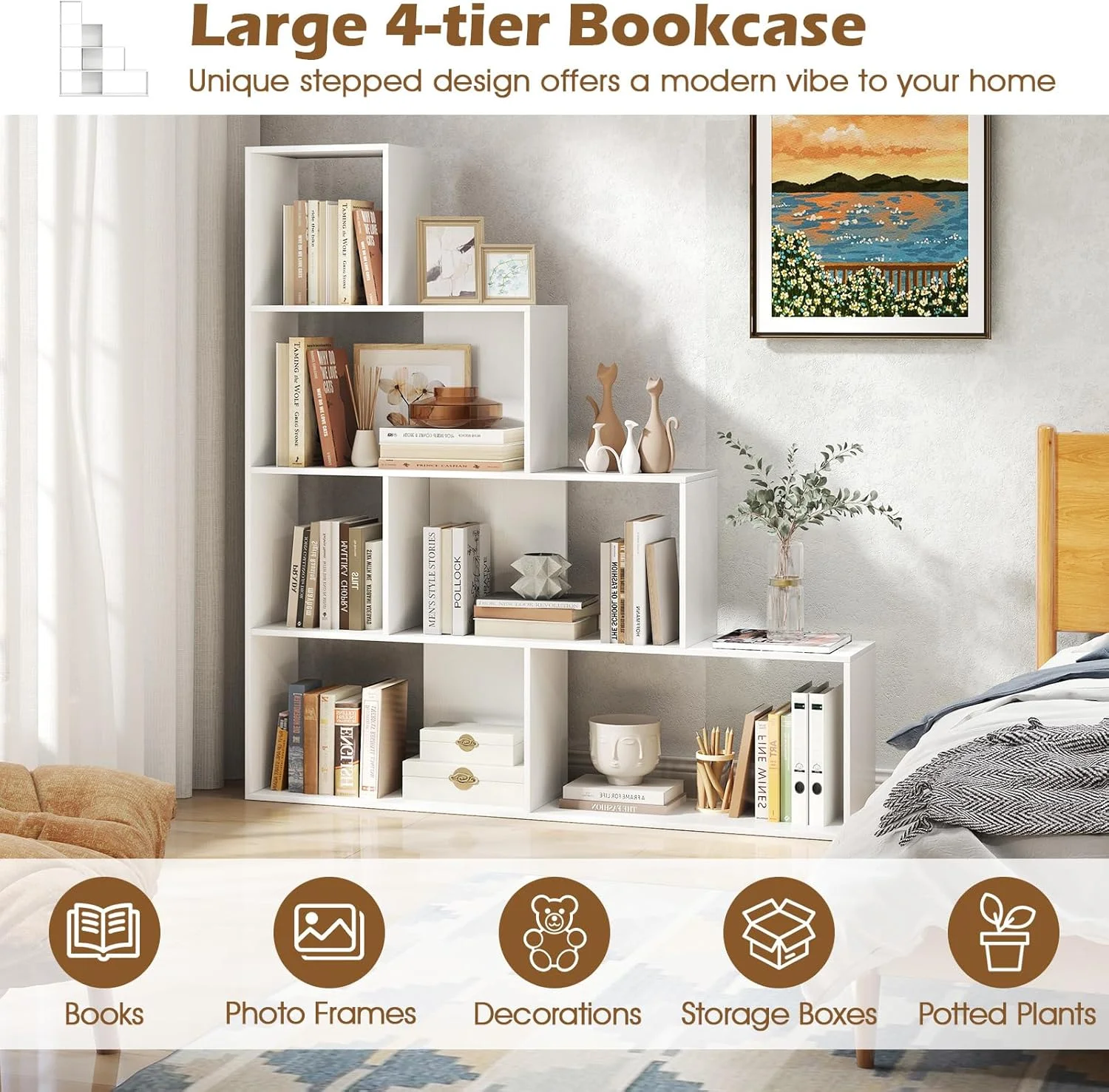 JTYUB 4-Tier Stepped Bookshelf, Freestanding 6 Cubes Ladder Bookcase with Anti-Tipping Kits, 64" Tall Modern Wooden Storage Display Rack for Home Office Living Room Study ,1 PCS,Natural - Image 17