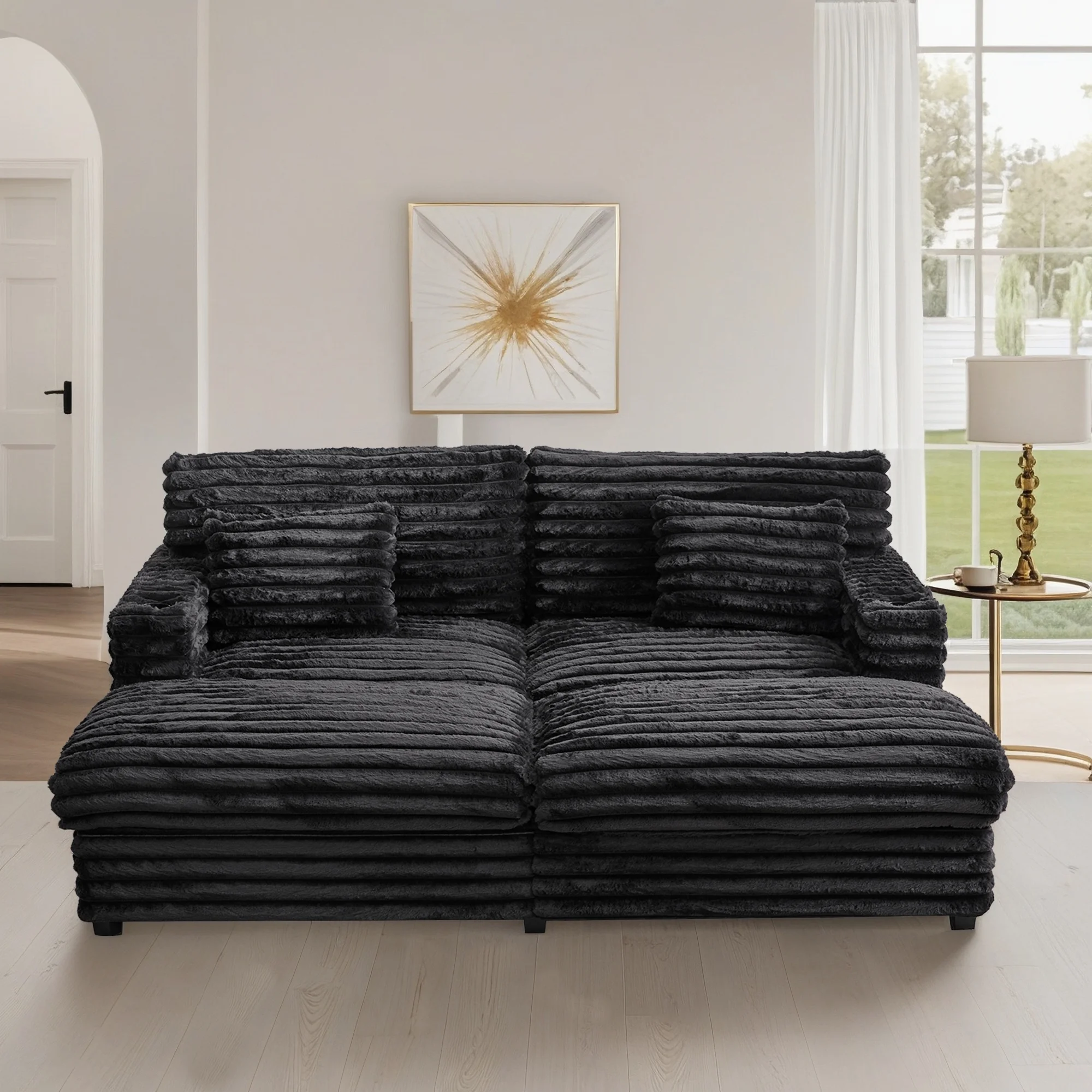 Oversized Double Chaise Lounge, Faux Fur Upholstered Deep Seat Sofa with 2 Pillows, 2 Cupholders, and Dual USB Ports - Image 19