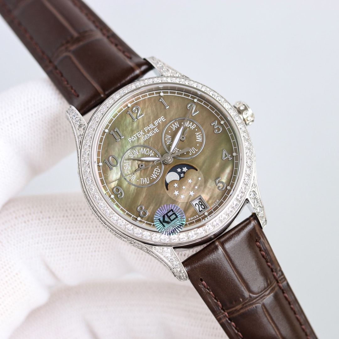 Fake Patek Philippe Replica Watch 4948G-001 Complications Ladies Annual Calendar Moon Phase 38mm Black Tahitian Mother of Pearl Arabic White Gold Diamond Set Leather(1:1 replica) - Top club