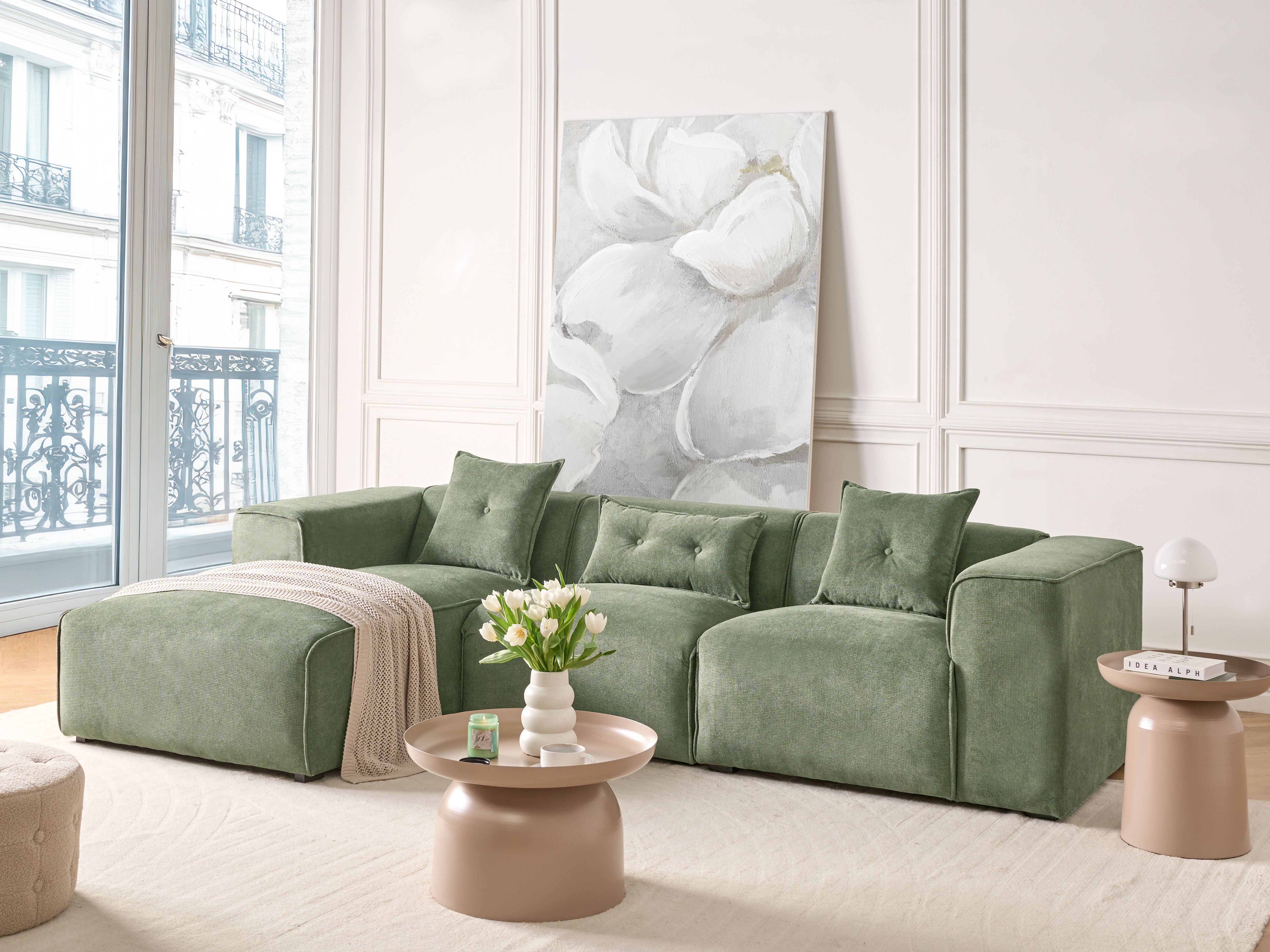 Corner Sofa 3 Seater DOLVA Chenille Dark Green Right Hand