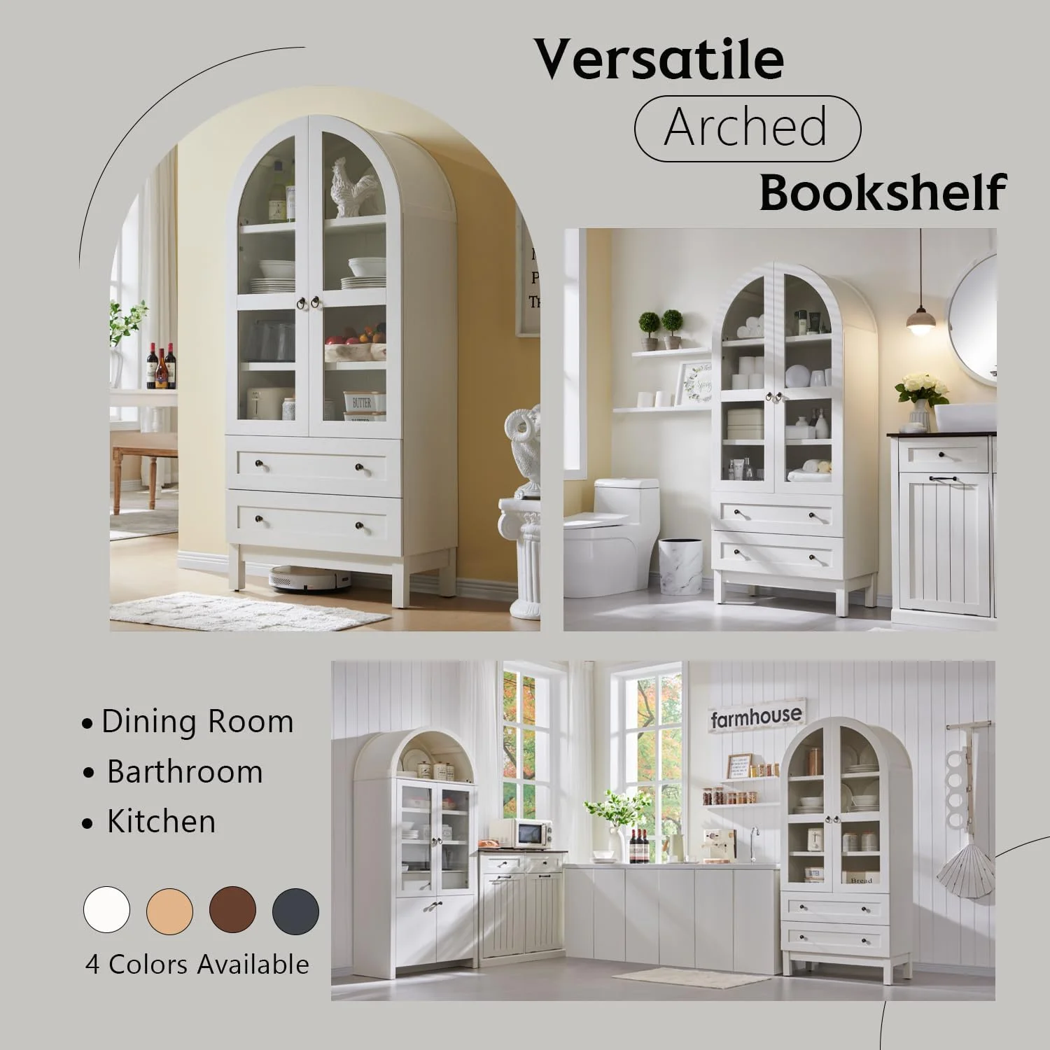 IFGET 71-Inch Arched 4-Tier Bookcase with Glass Doors and Drawers - Image 6