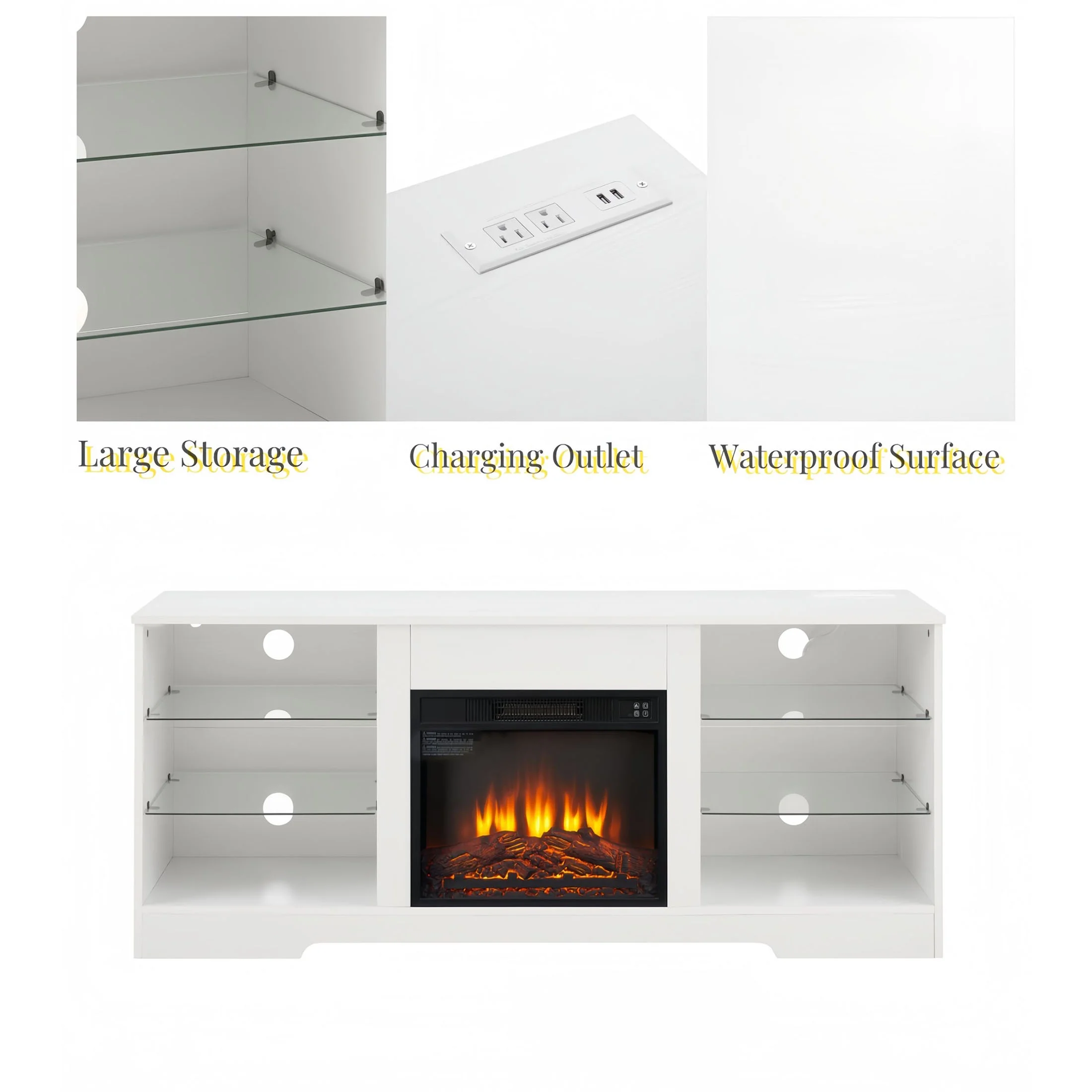 Electric Fireplace TV Stand with LED Lights and Charging Outlets, Black TV Console for TVs Up to 65