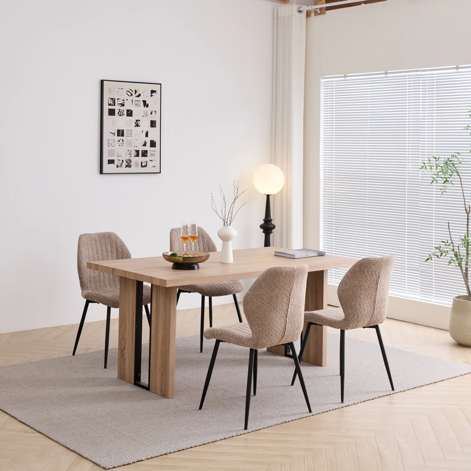 5pcs Rectangle Dining Table Chairs Set for 4, 63" Farmhouse Wood Kitchen Table with 4 Upholstered Mid Century Modern Boucle Chairs for Dinner, Living Dining Room, Apartment, Beige - Image 24