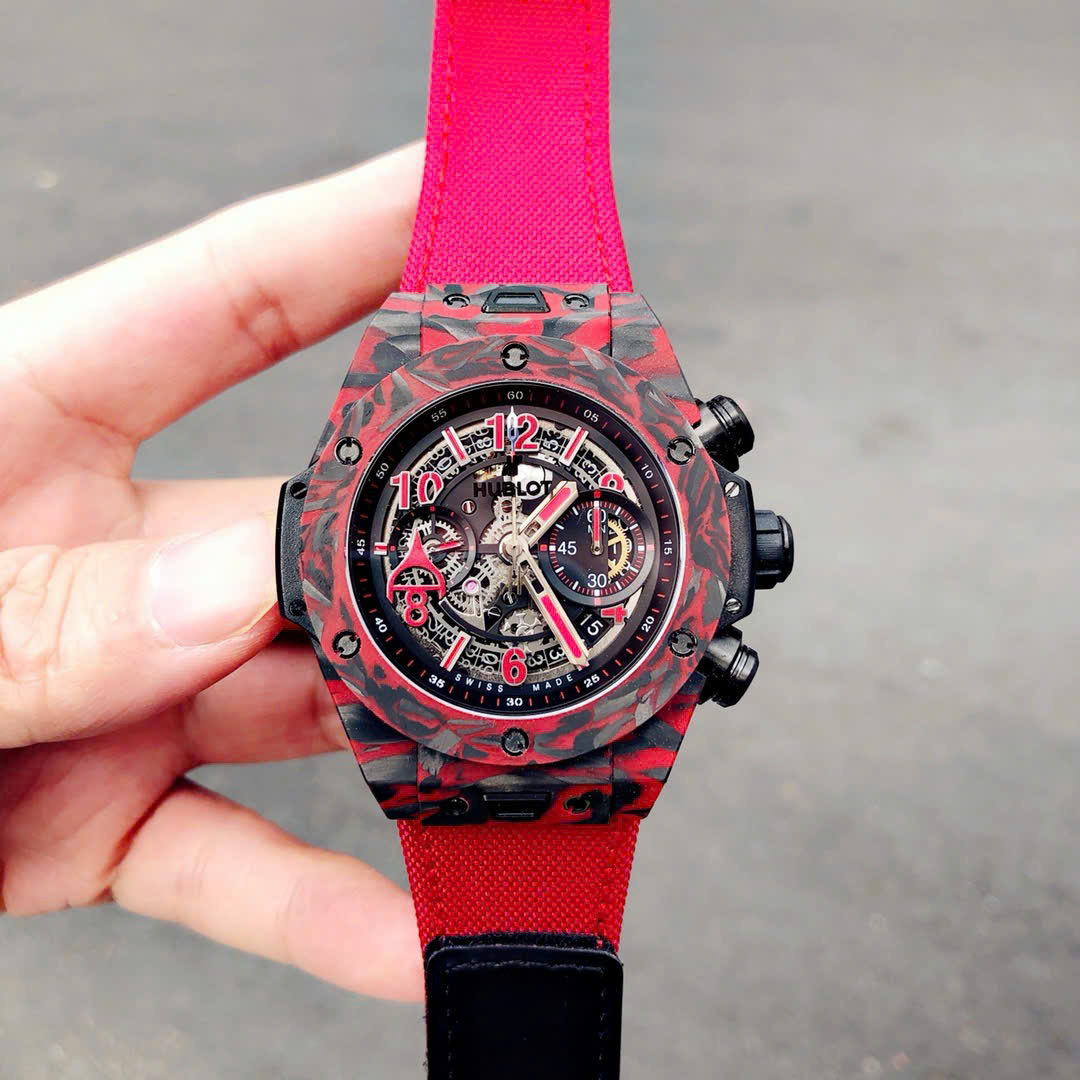 Hublot Big Bang Unico Red Carbon Replica Watches Best Quality Fabric Strap 45mm - Top club