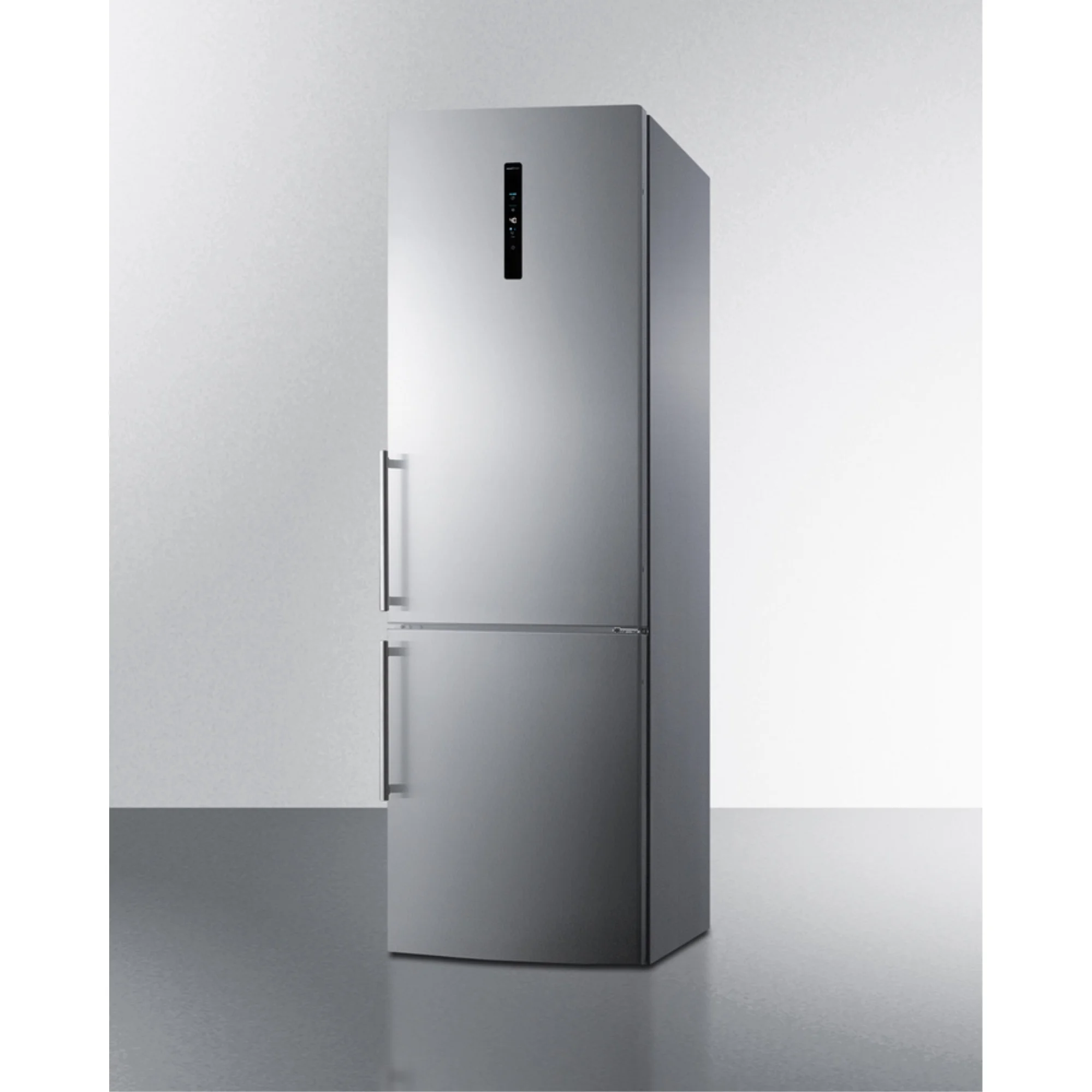 European counter depth bottom freezer refrigerator with stainless steel doors, platinum cabinet, factory installed icemaker, and digital controls for each section