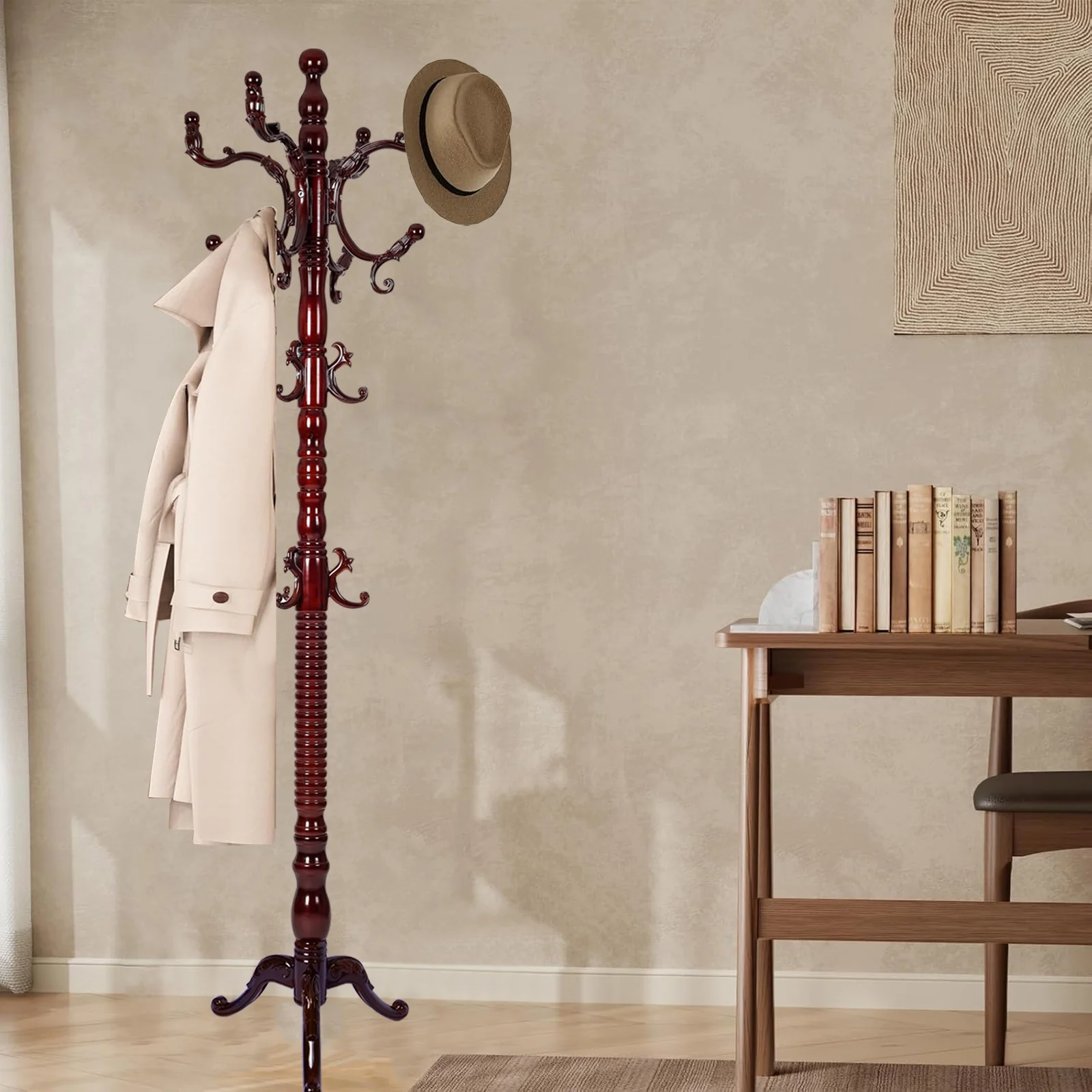 Coat Rack Freestanding, Hall Tree with 11 Hooks, Heavy Duty Wooden Coat Tree Stand, Adjustable Height, Sturdy Base for Bedroom Hallway Office - Load 270lbs - Image 46