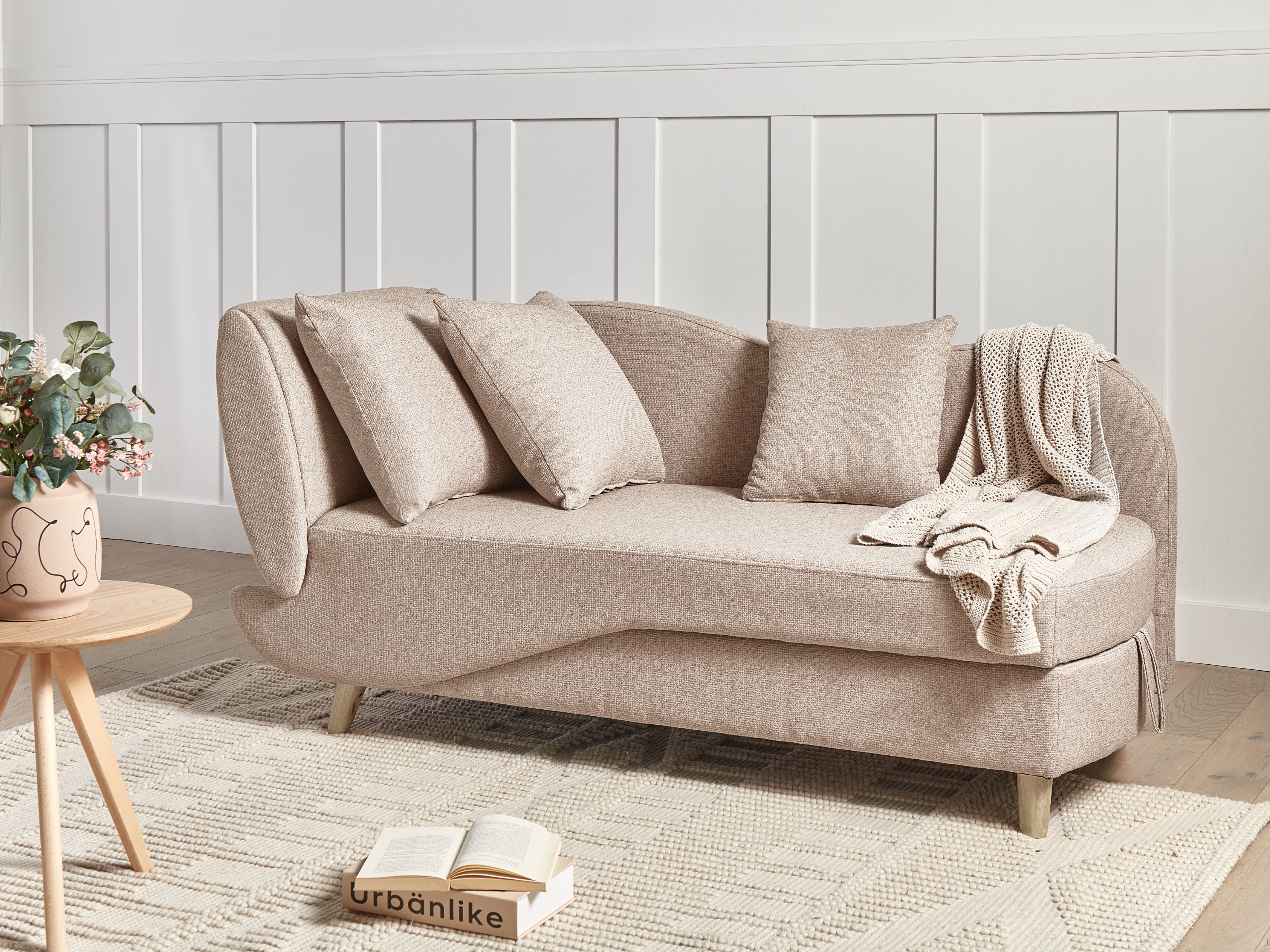 Left-Hand Chaise Lounge MERI Faux Linen Light Brown with Storage