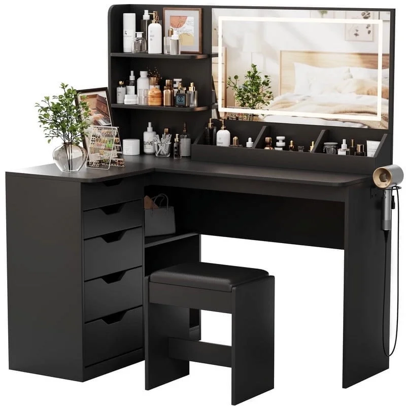 Furmax L Shaped Vanity Desk Set Corner Makeup Vanity Set with Adjustable LED Lighted Mirror & Power Outlets Dressing Table with Organizers, and Cushioned Stool, White - Image 14