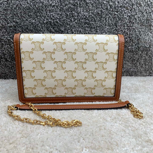 CELINE MAILLON TRIOMPHE Logo Printed Sheepskin Chain Wallet White Flower