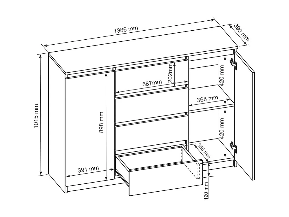 MebLocker Commode à 4 tiroirs, 2 Portes, 140 cm, idéale pour Le Salon, la Chambre à Coucher, la Chambre d'enfant et Le Bureau, Solution Moderne et élégante (Blanc)