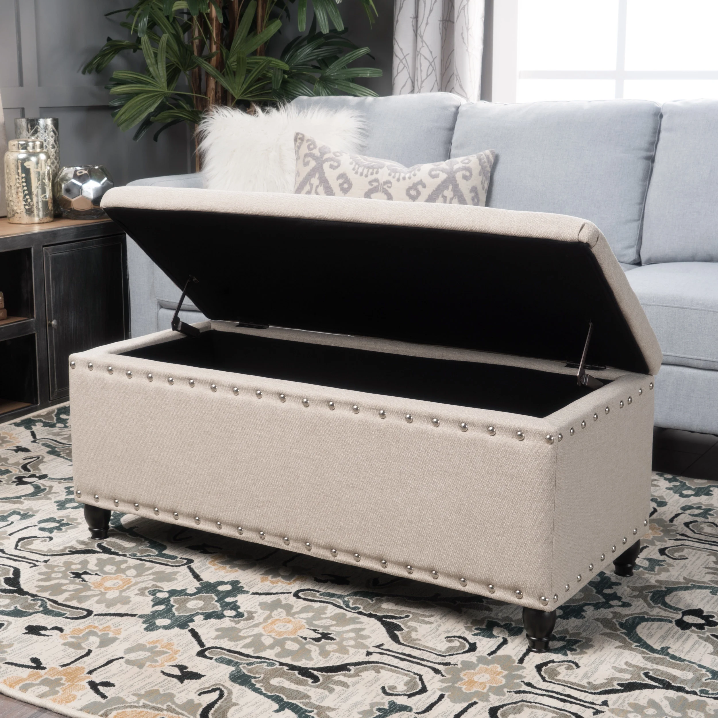 Noble House Hampton Contemporary Fabric Upholstered Storage Ottoman, White and Blue Floral - Image 98