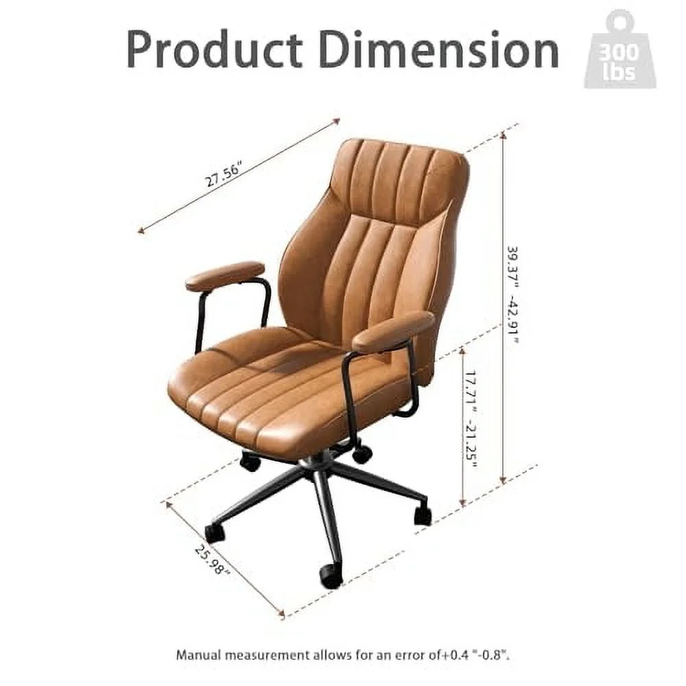 Brown Leather Office Desk Chair with Wheels and Arms, Height Adjustable, Vintage, Mid Century Modern Style