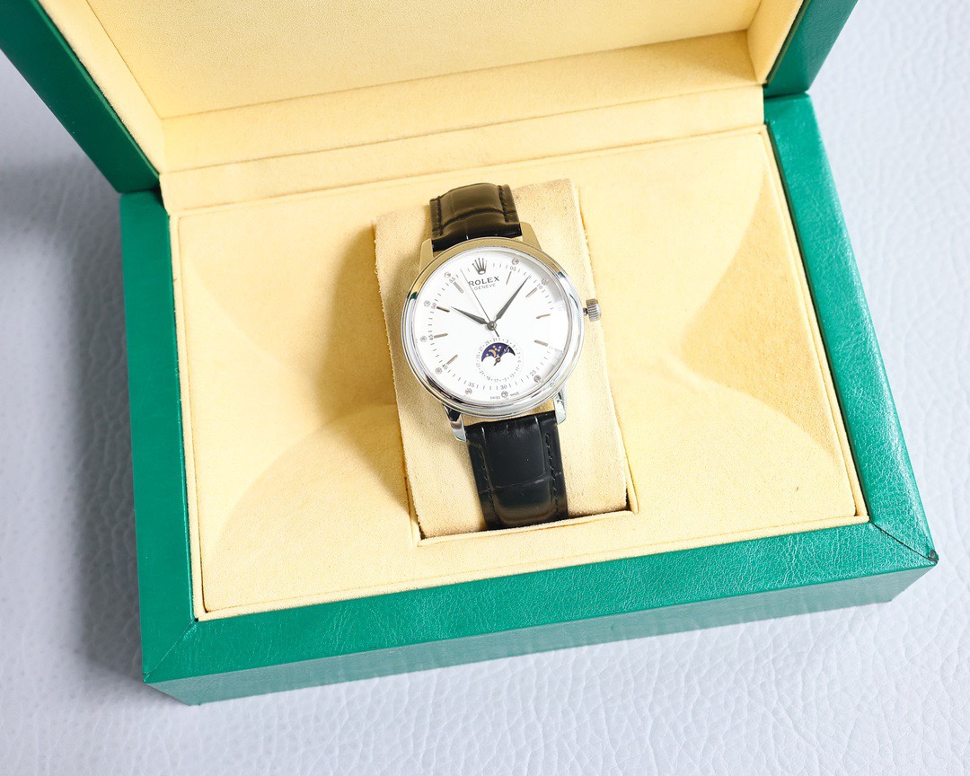 Rolex👑 Cellini Moonphase-40mm-Leather-White(1:1 replica) - Elite Watch Atelier
