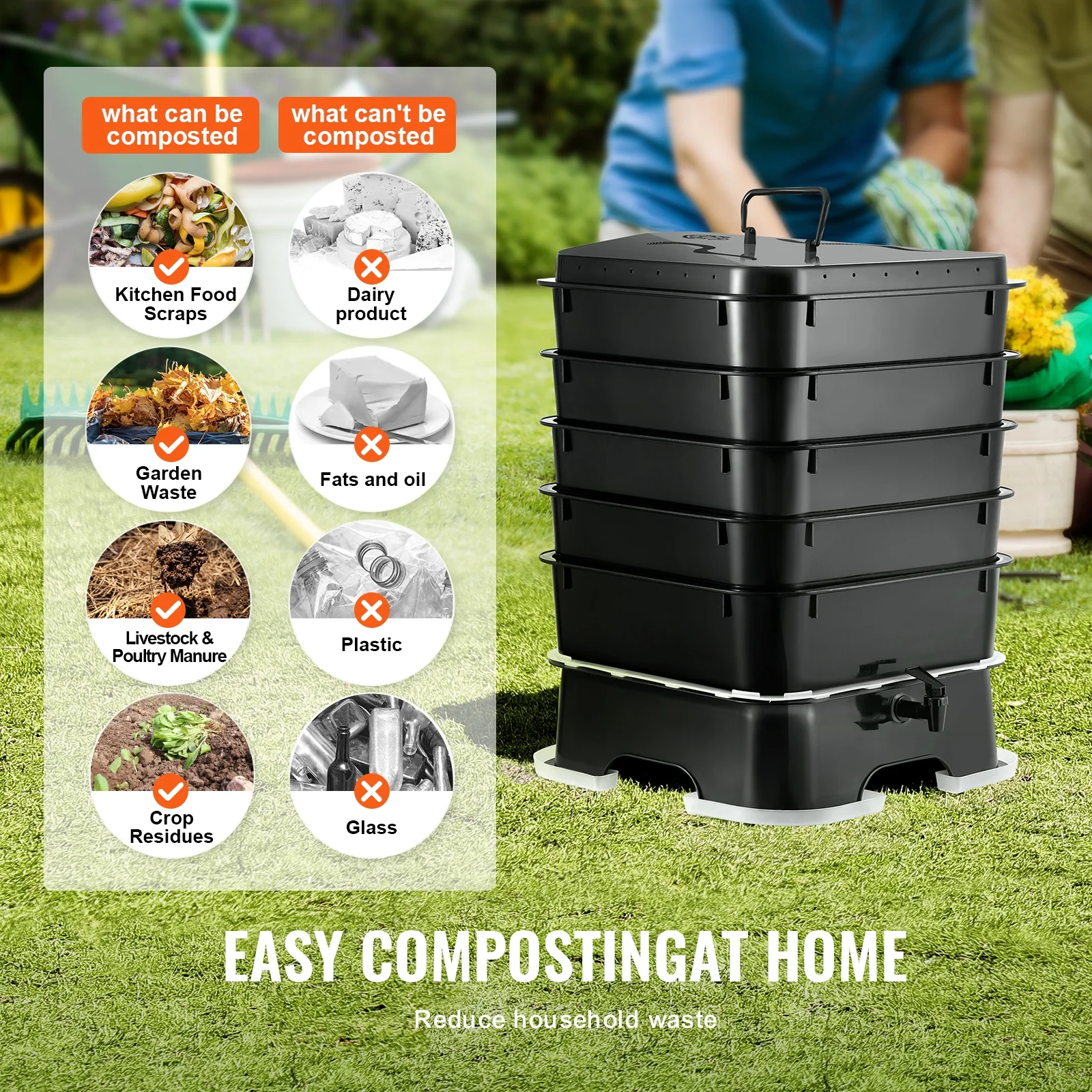 KFFKFF 5-Tier Worm Recycler, 50 L Indoor and Outdoor Worm Composting Container, Eco-Friendly Worm Cultivation Set, for Repurposing Kitchen Scraps, Worm Excreta, Worm Liquid - Image 6