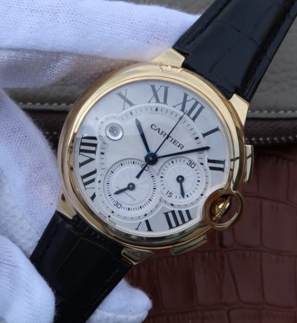 Replica Cartier Ballon Bleu De Cartier Chrono 47mm YG White Dial Leather Strap A8101 - Elite Watch Atelier