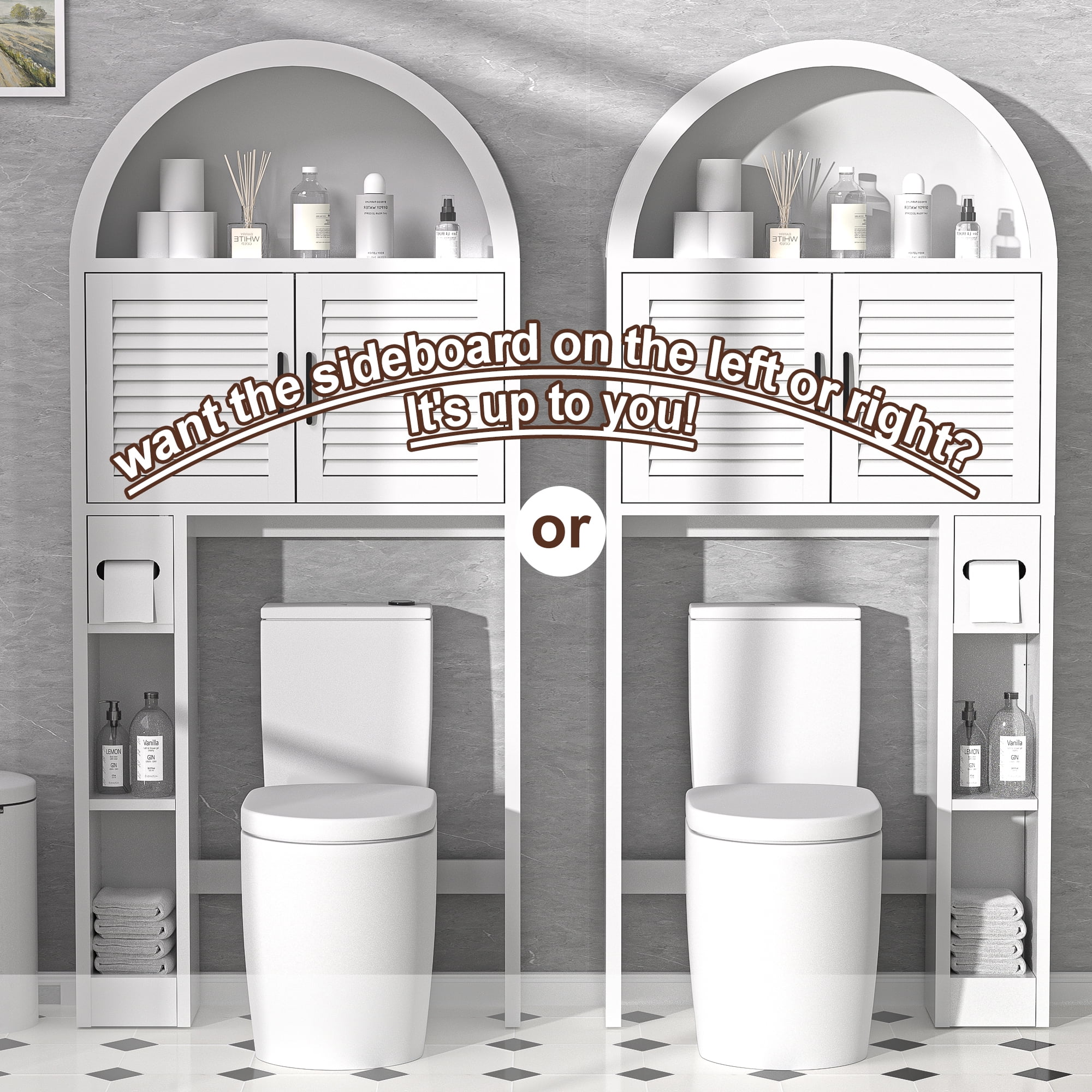 HARIPUL Over The Toilet Storage Cabinet w/ Unique Wood Grain & Arc Design, Freestanding Bathroom Shelf Organizer Space Saver w/ Doors & Anti-Tip Device, Wood Color - Image 66