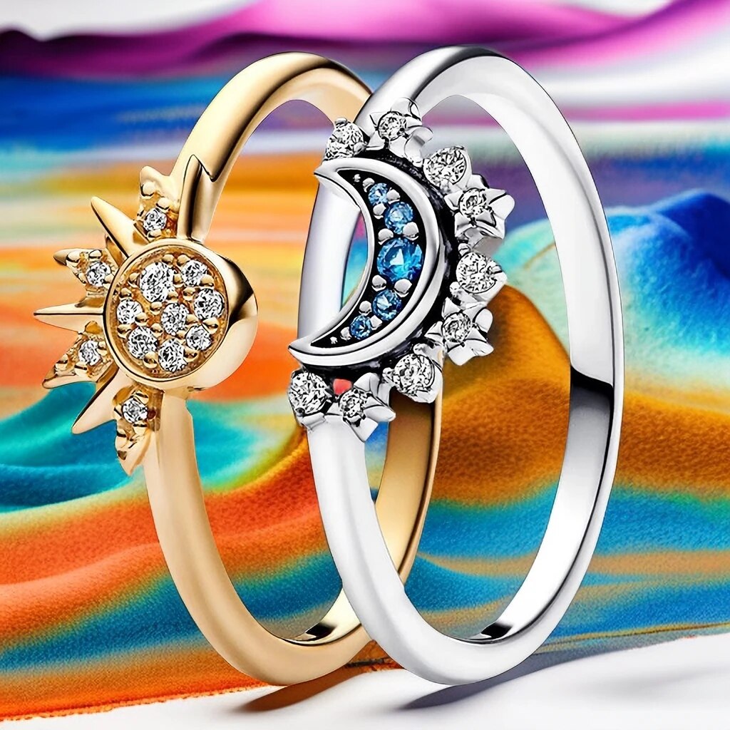 Sterling Zilveren Verstelbare Statement Ring met Zon en Maan Design