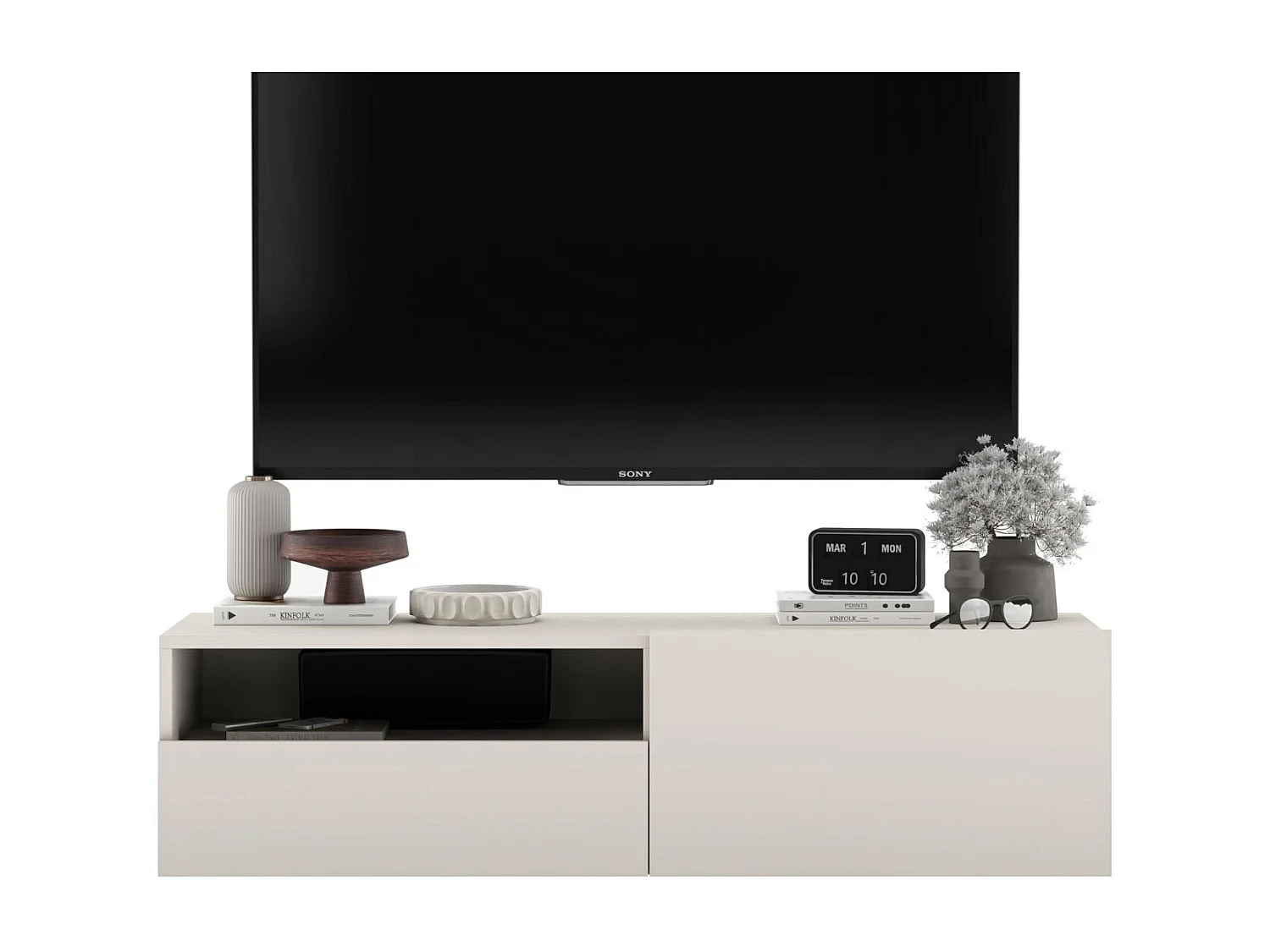 Meuble TV suspendu avec 1 portes et niche, tiroir - corps Cachemire mat, façades Cachemire mat - 120 cm