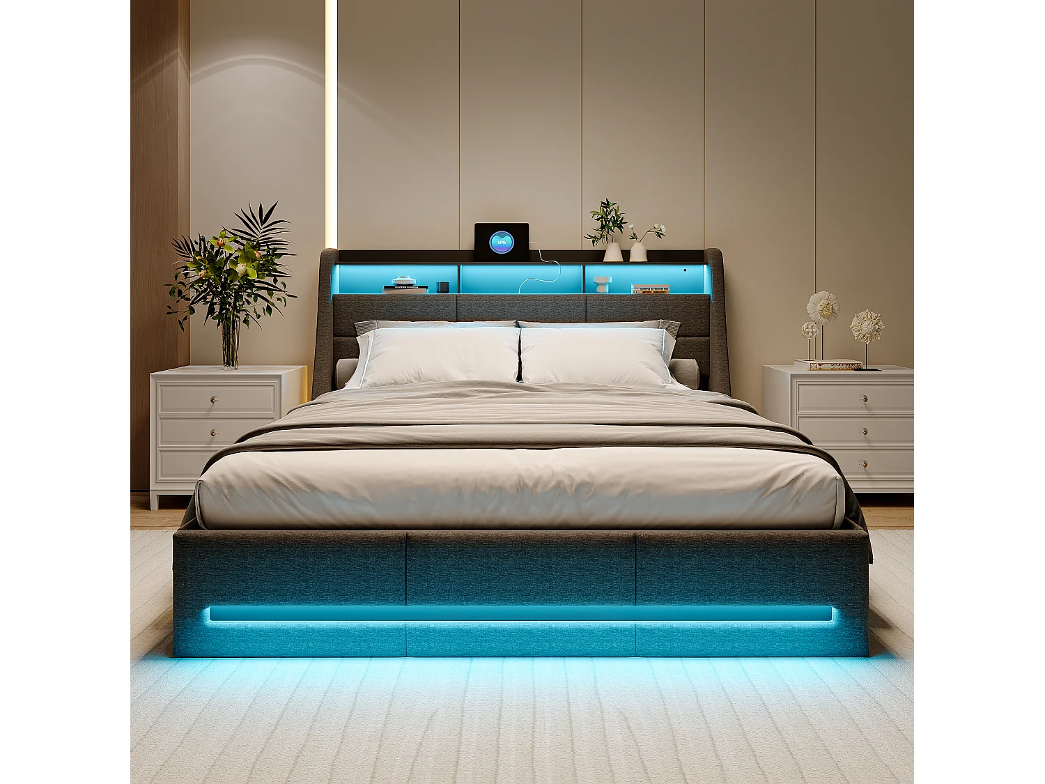 Lit coffre 160×200 cm avec LED, USB Type-C et sommier – Lin gris, lit double