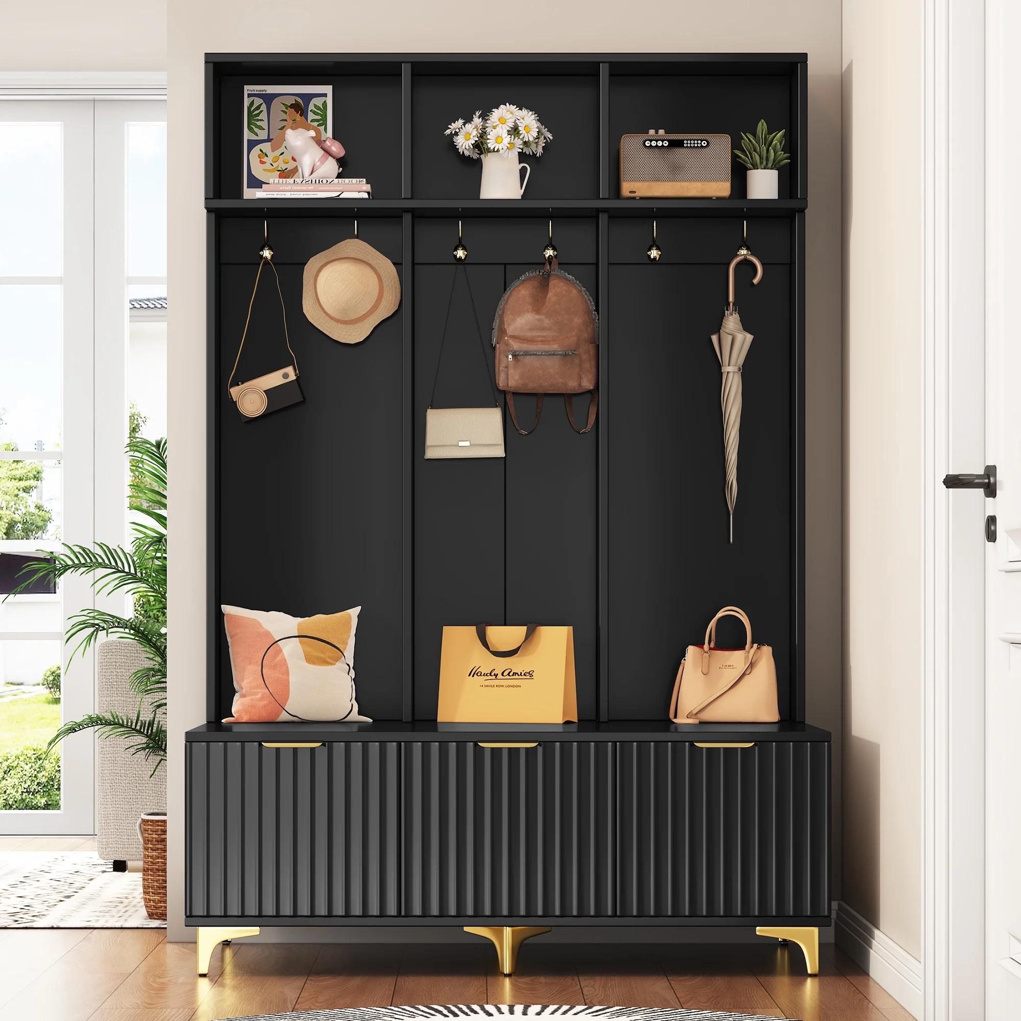 Euroco Modern Hall Tree with High Gloss Fluted Doors, Gold Accents, Shoe Storage & Bench a?? Entryway Organizer with Cubbies and Coat Hooks
