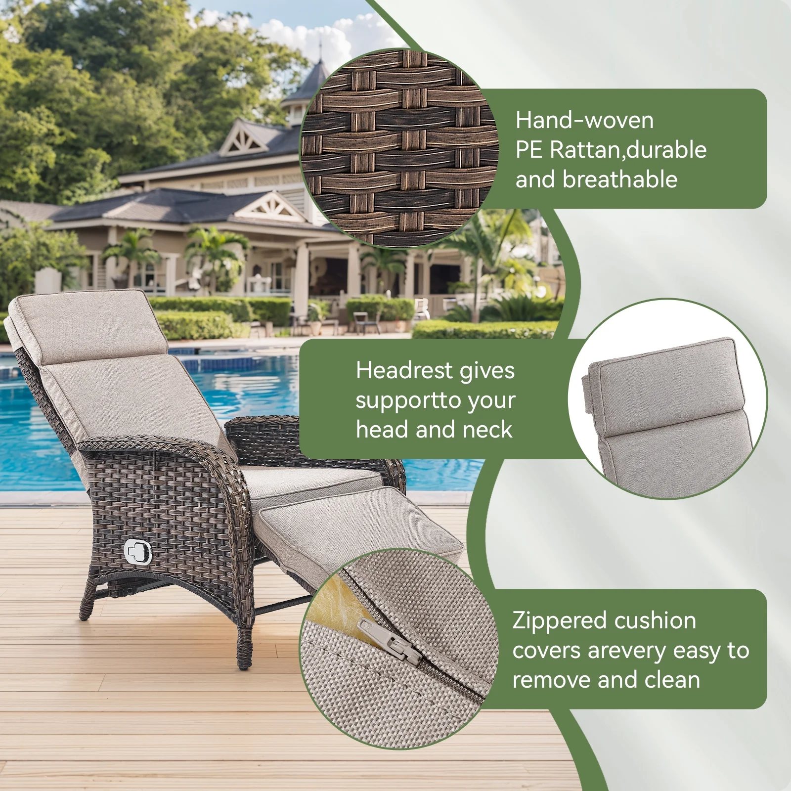 OPOHORO Outdoor Recliner Chair, Adjustable Reclining Patio Chair with Cushion, Wicker Outdoor Chaise Lounge with Adjustable Backrest and Footrest, Ideal for Pool Deck, Beige - Image 8