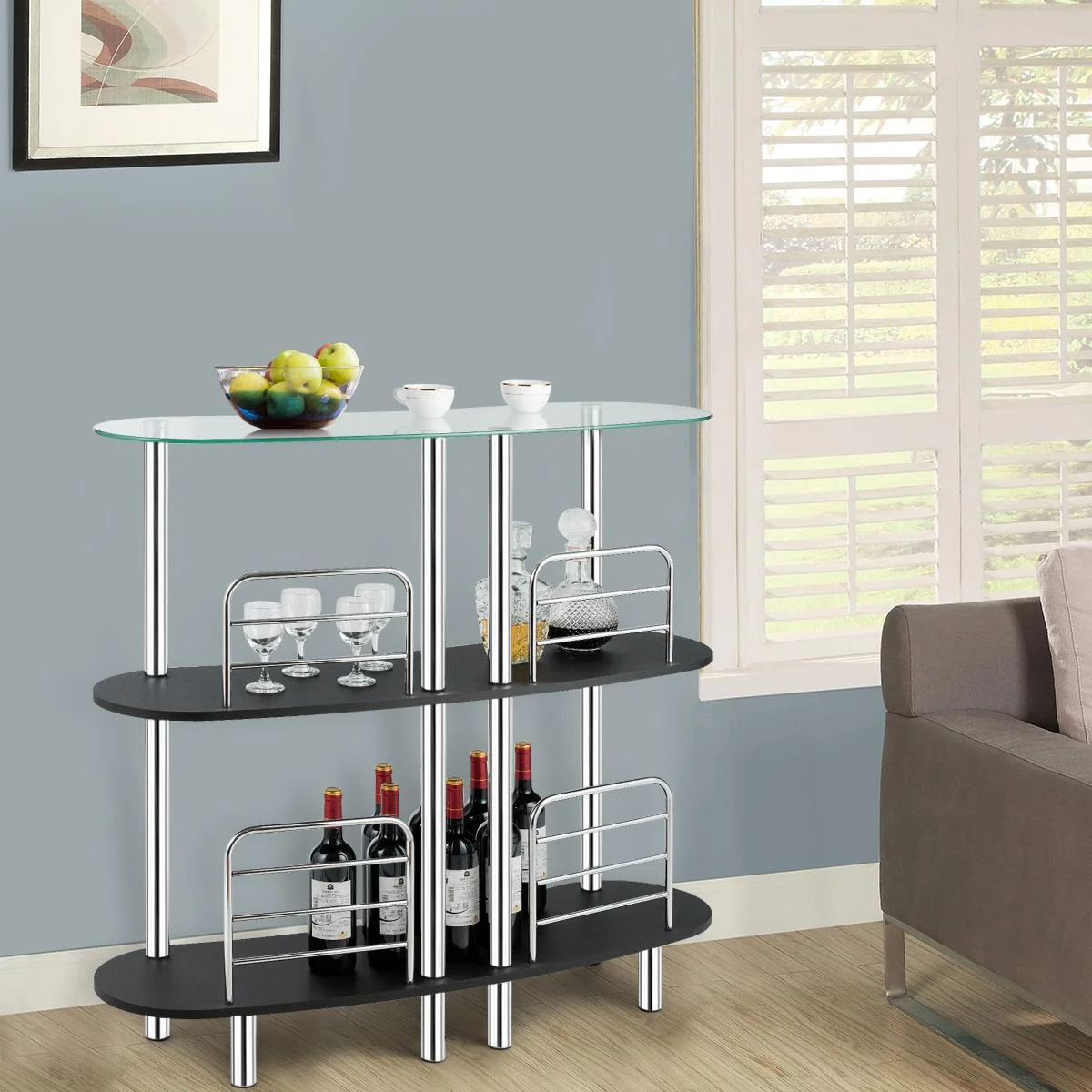 Giantex 3-Tier Glass Liquor Bar Cabinets, Wine Bar Storage with Tempered Glass Counter Top and Metal Frame, Bar Unit with 2 Shelves, Bar Organize Ideal for Home/Kitchen/Bar/Pub