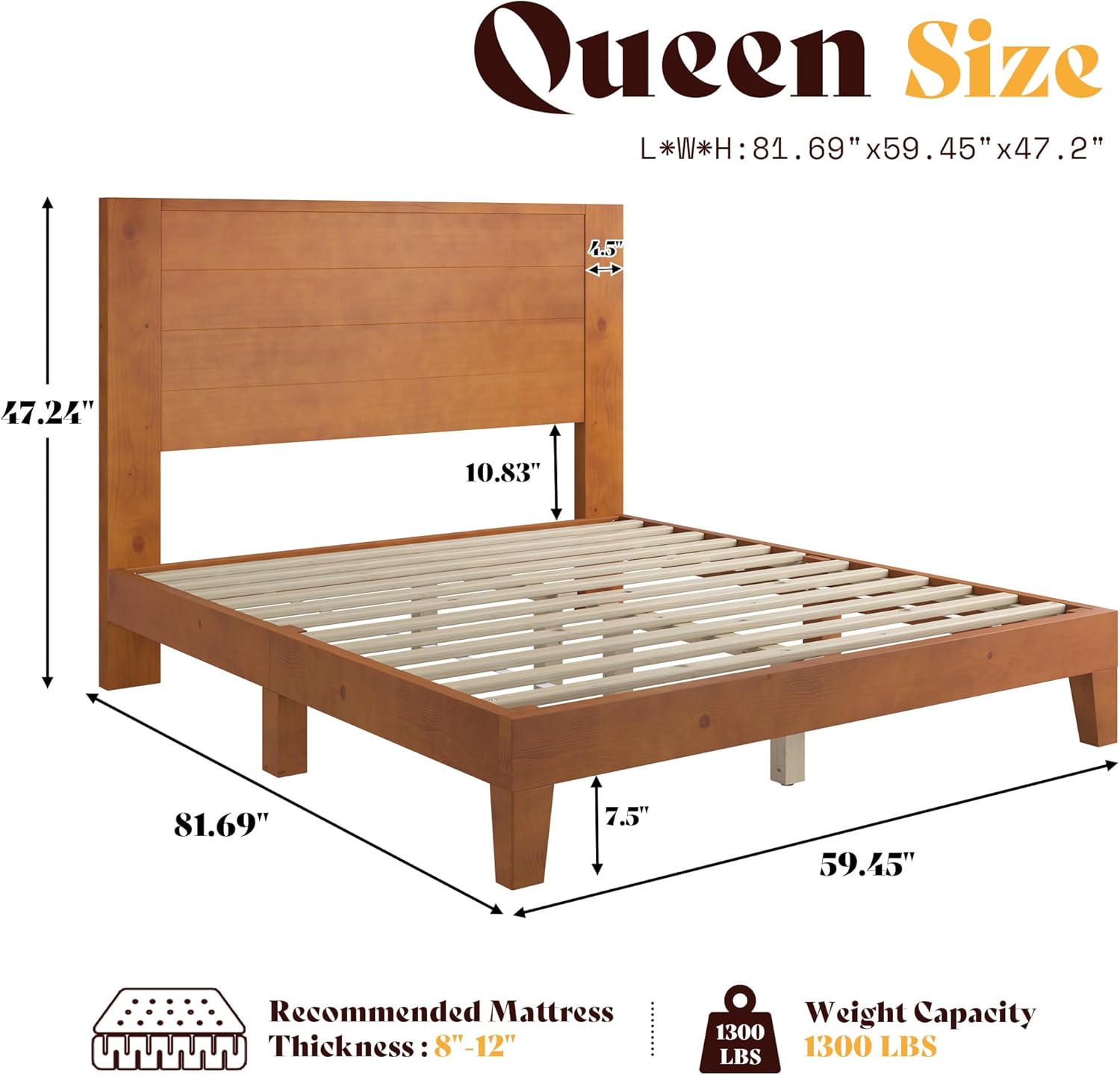AMERLIFE Queen Sizes Solid Wood Bed Frame with 48