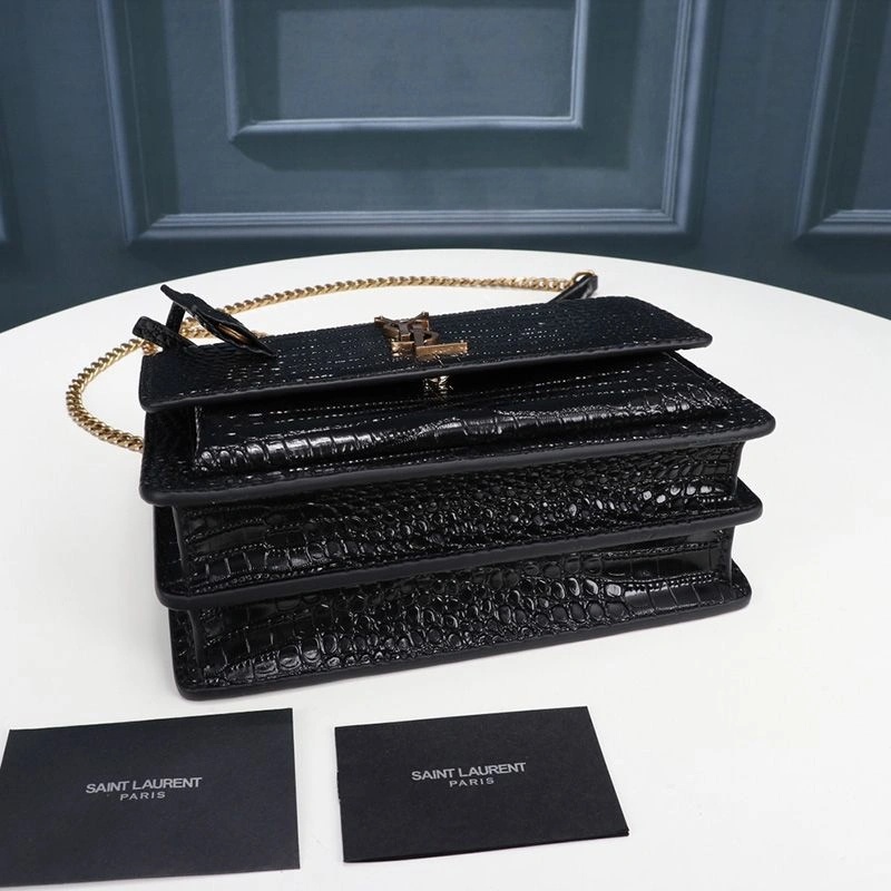 Saint Laurent Medium Sunset Chain Bag In Crocodile Embossed Leather Black Gold - 1:1High-quality replica