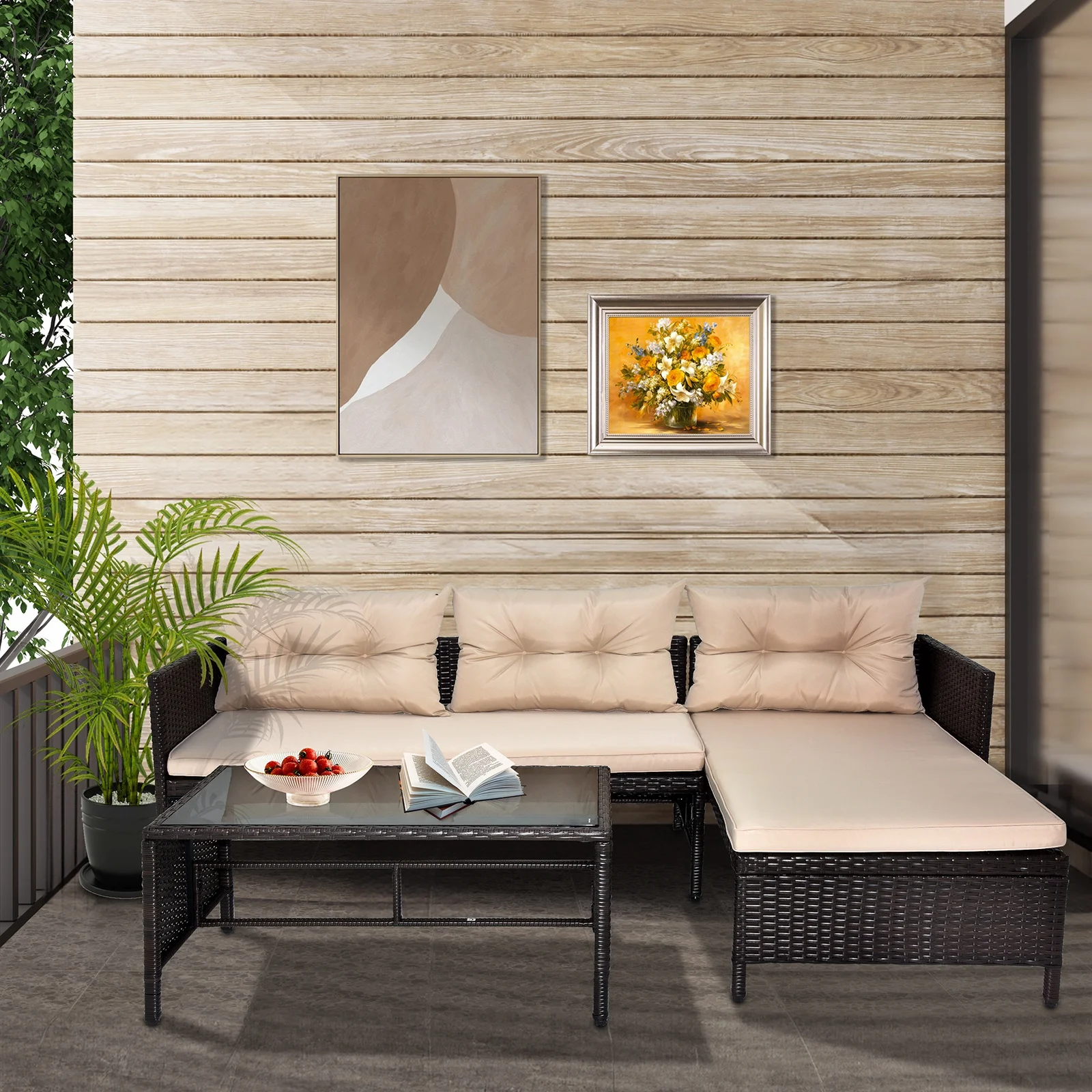 Outdoor Patio Furniture Set of 3, Rattan Wicker Outdoor Swivel Glider Rocker w/Table and Cushions, Brown