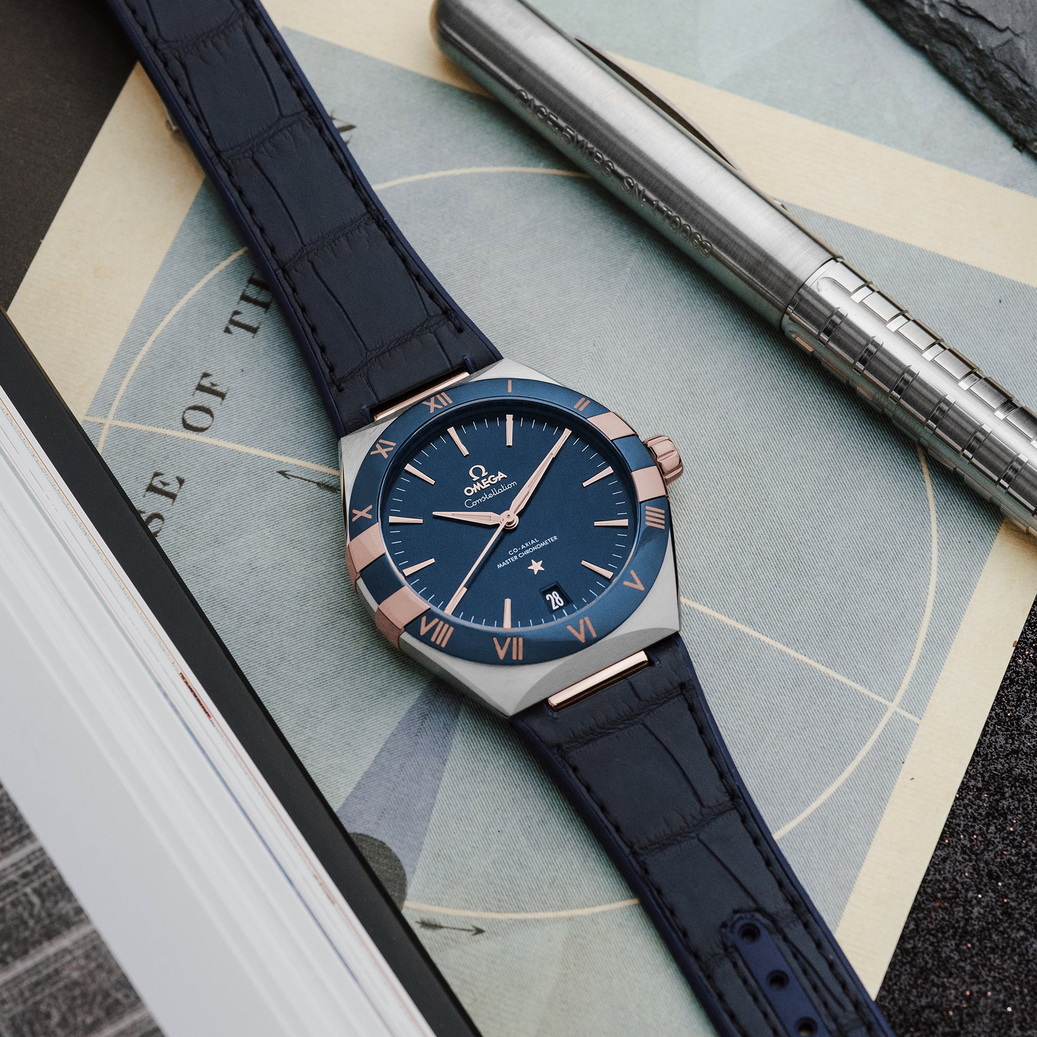 Constellation Co-Axial Master Chronometer 41mm Sedna Gold Two-Tone Blue Dial On Leather Strap(1:1 replica) - Elite Watch Atelier