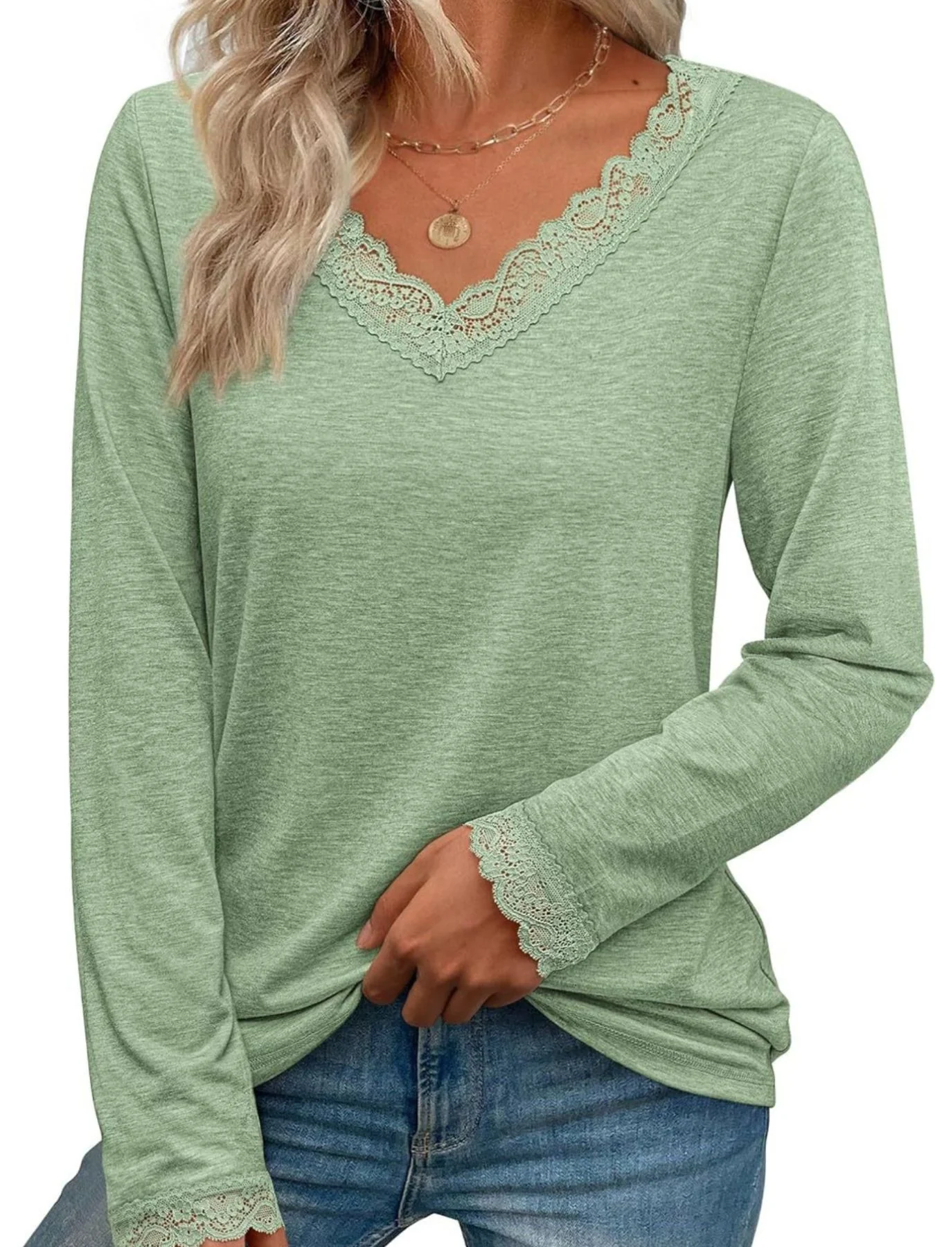 Lace Trim V-Neck Long Sleeve T-Shirt - ZKZOOK