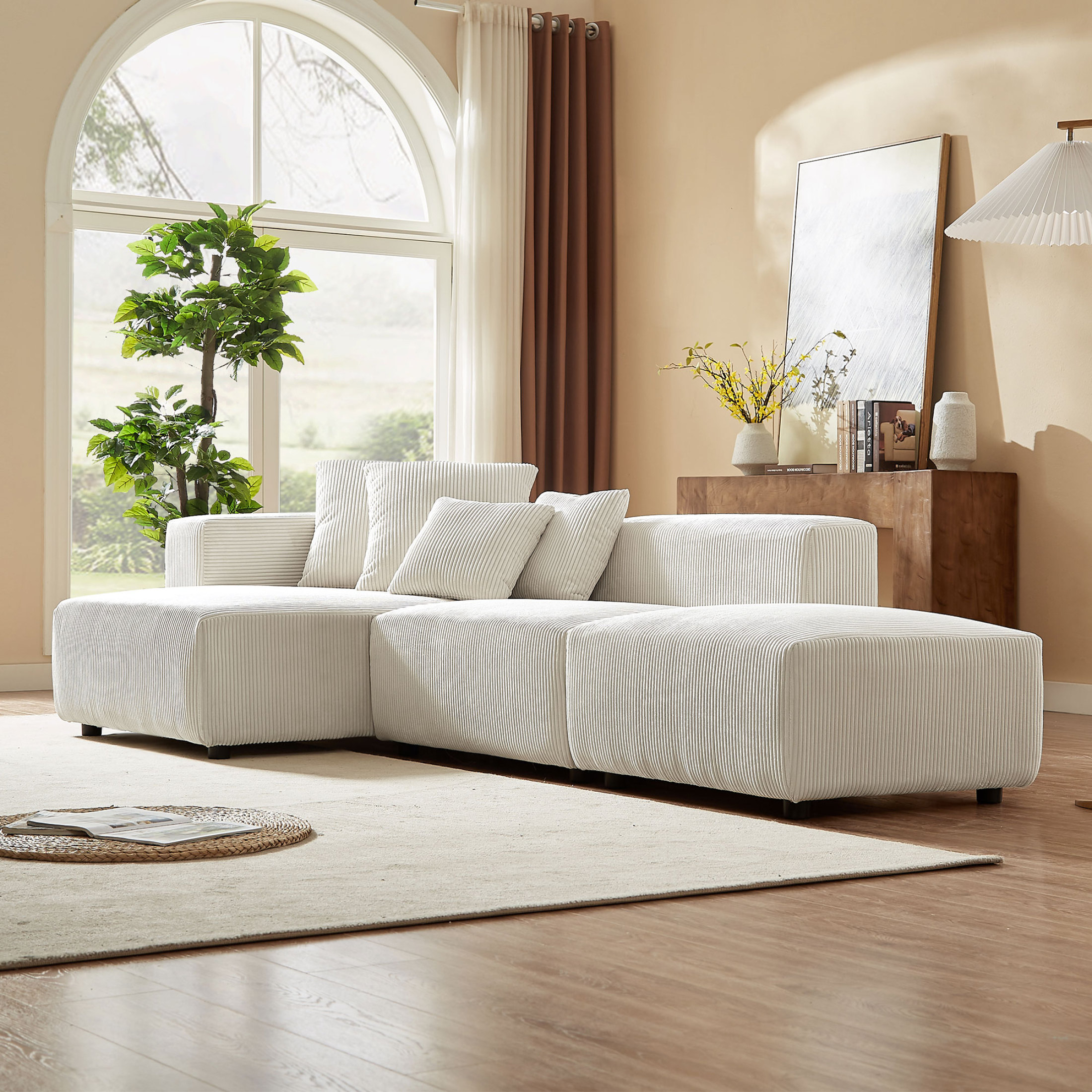 Newboti Furniture Soft Corduroy Sectional Modular Sofa Set, Small L-Shaped Chaise Couch for Living Room, Apartment, Office, Beige 25673 - Image 4