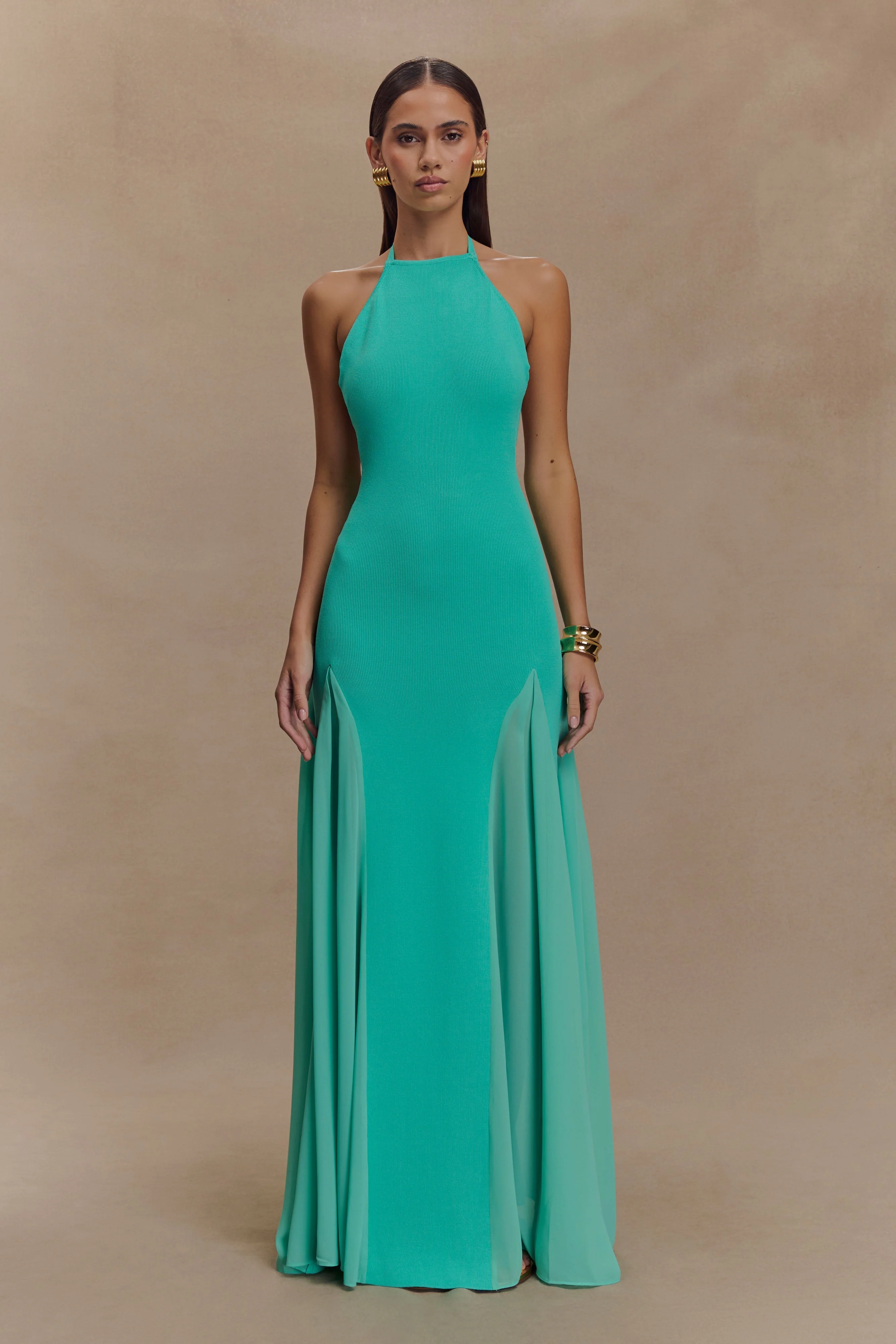 Soleil Knit And Mesh Halter Maxi Dress - Lagoon
