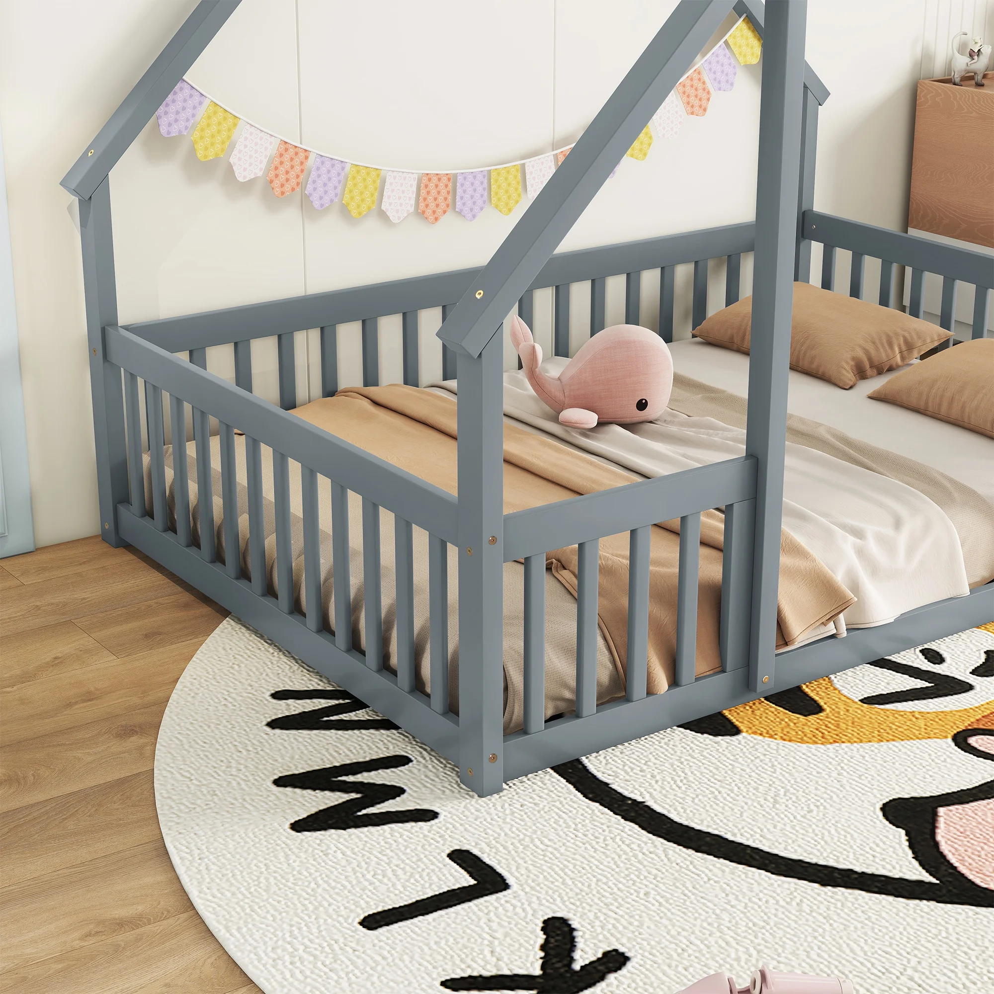 Bellemave Twin Size Floor Bed Frame, Wooden House Bed Twin Size with Fence, Montessori Bed with Guardrails for Bedroom (White) - Image 23