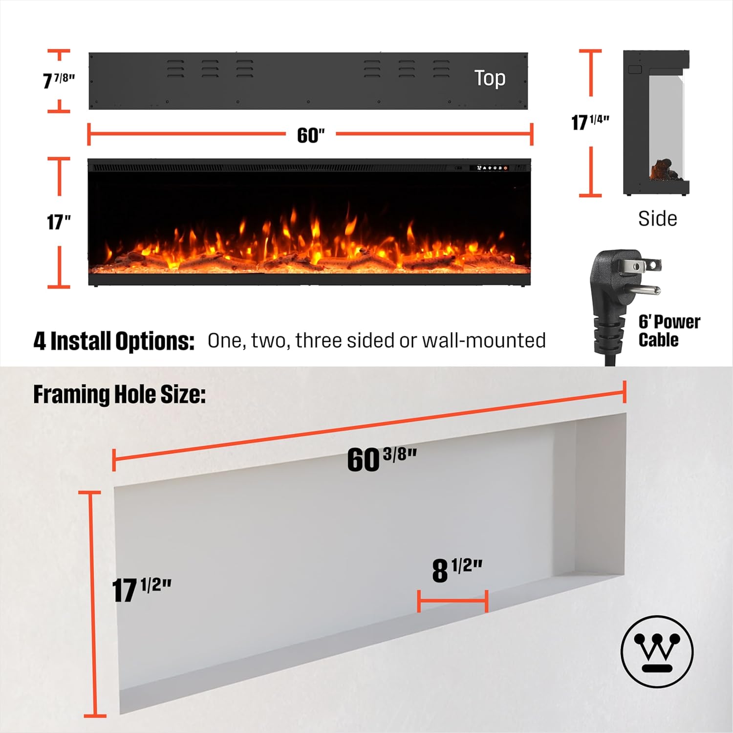 Westinghouse 60inch Electric Fireplace, Realistic Flame&Log Set, Compatible with Alexa & Google Home, Wall Mount or Recessed, 24 Hour Timer, Color Changing Flames, 750W/1500W Indoor Heater (60inch)