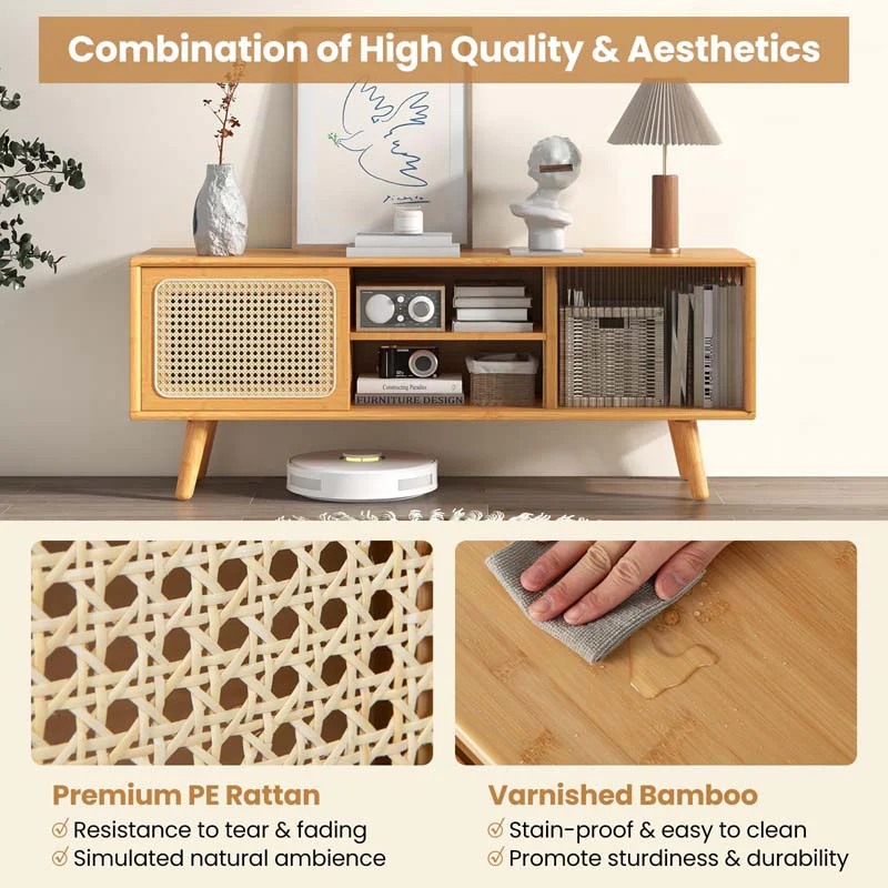Eletriclife Modern TV Stand with Rattan Glass Sliding Doors