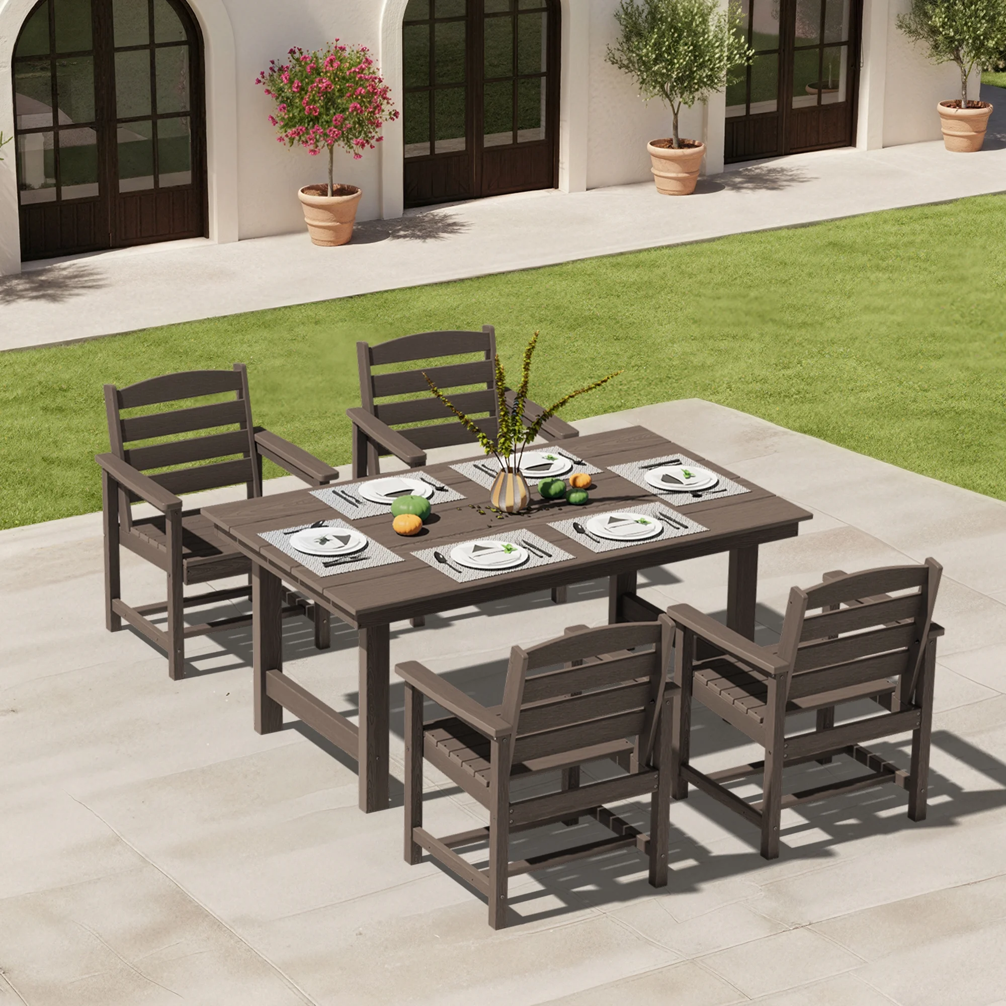 KINGYES 7-Piece Outdoor Dining Set, HDPE Patio Table and Chairs with Umbrella Hole, Gray - Image 58