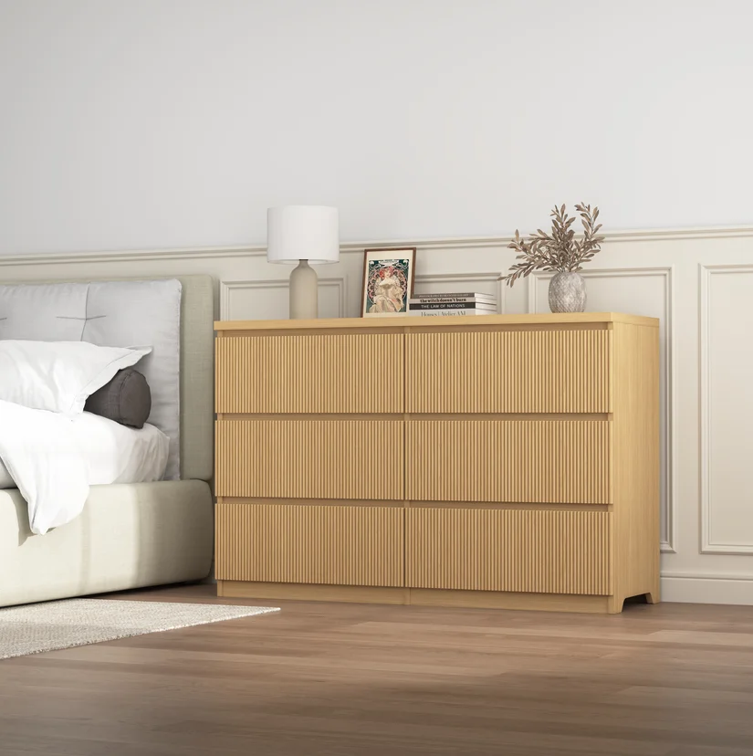 Fluted 6 Drawers Dresser, Wide Modern Chest of Drawers, Curved Profile Design, Dresser TV Stand, Wood Drawer Organizer for Bedroom, Living Room, Hallway - Image 11