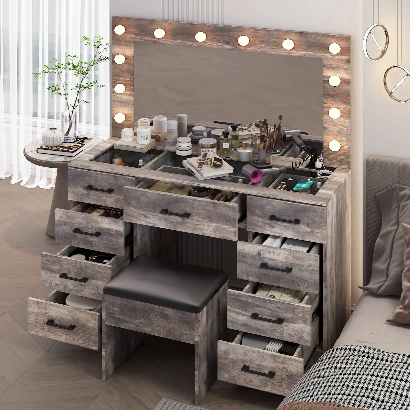 Ktaxon Large Makeup Vanity, Vanity Table Set w/ Visible Glass Top w/ Charging Station, White - Image 100