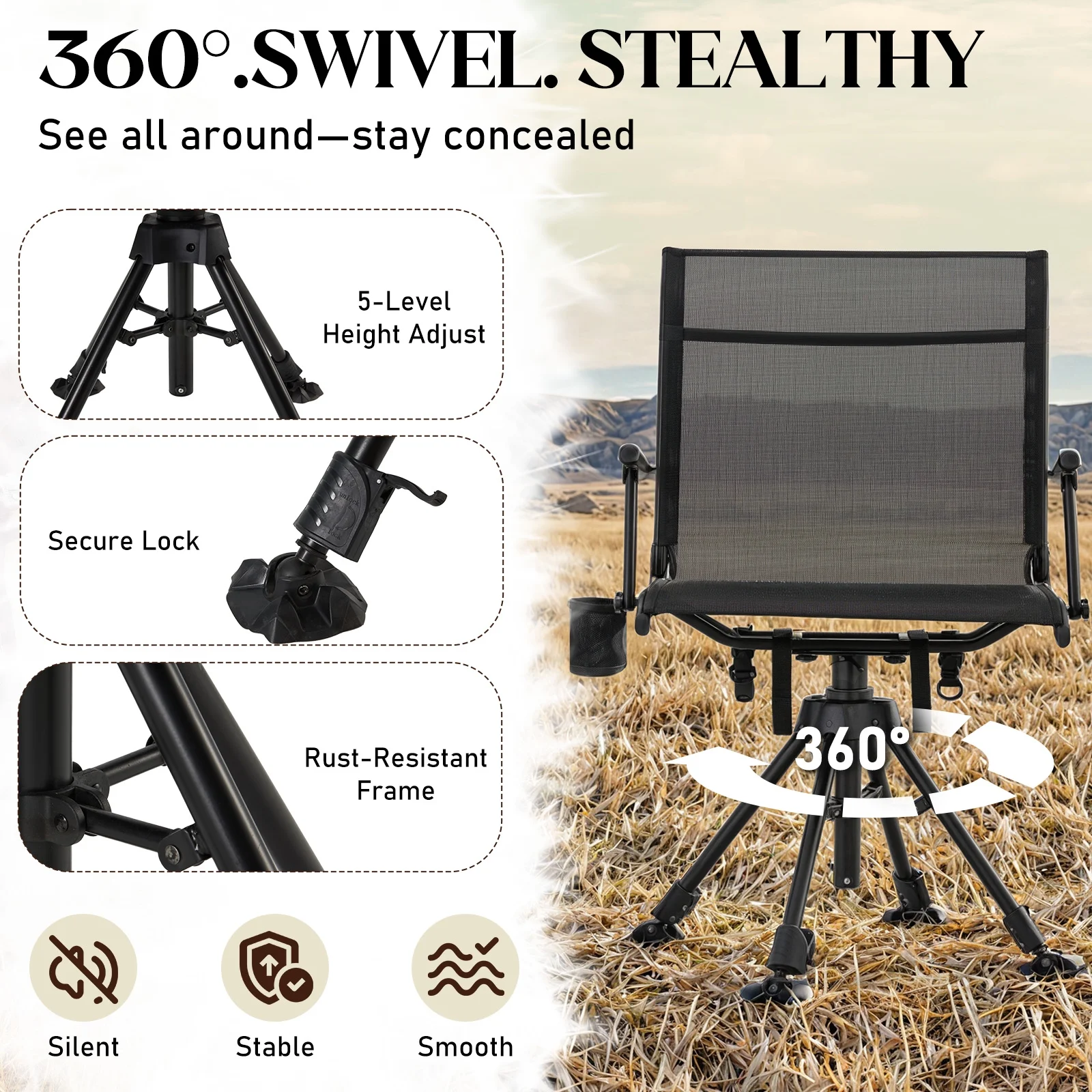 Danrelax 360�� Silent Camo Hunting Blind Chair, Armrests, Side Pouch, Telescopic Legs - Image 44