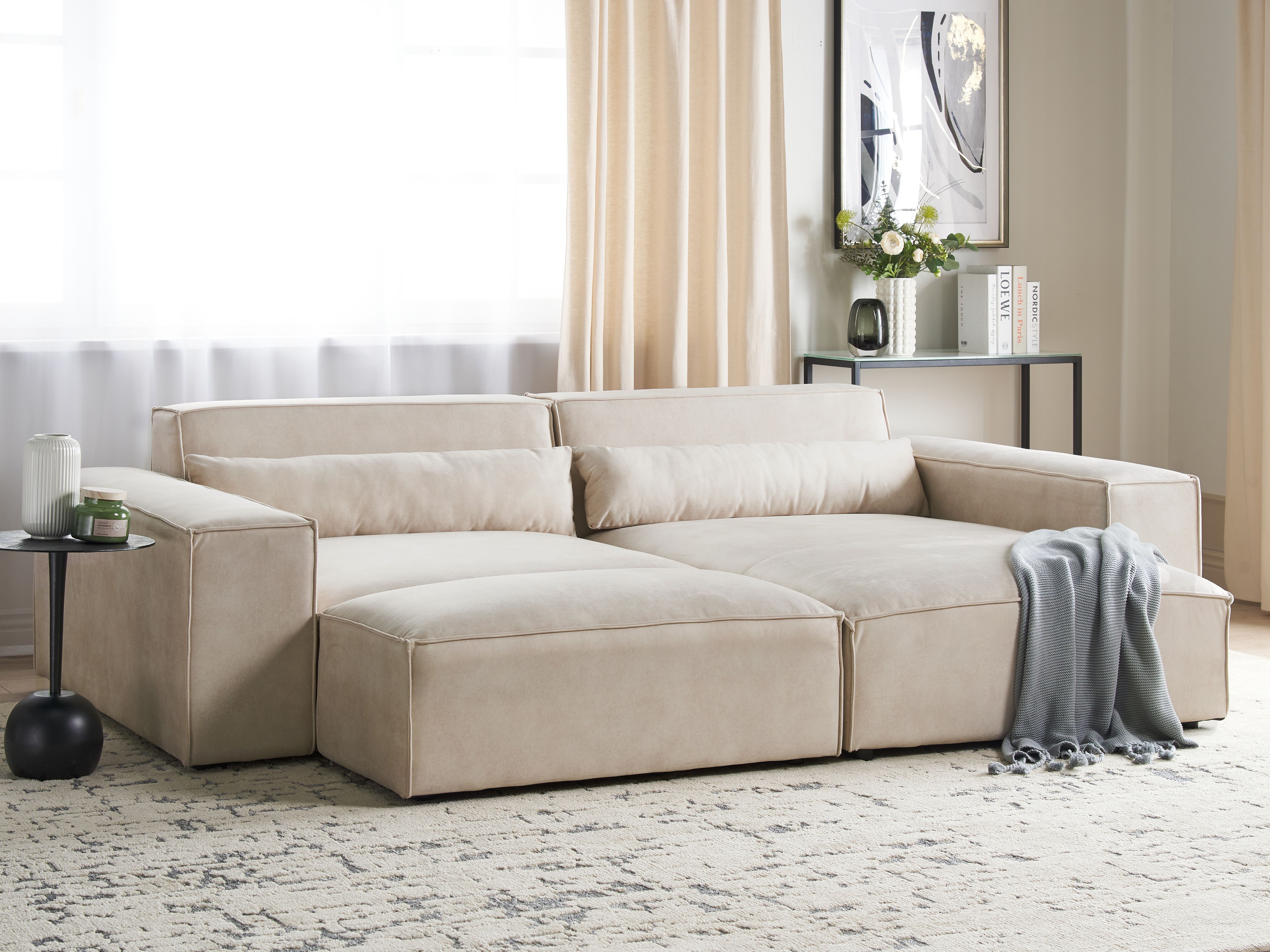 Modular Corner Sofa 3 Seater HELLNAR Velvet Light Beige with Ottoman Left Hand