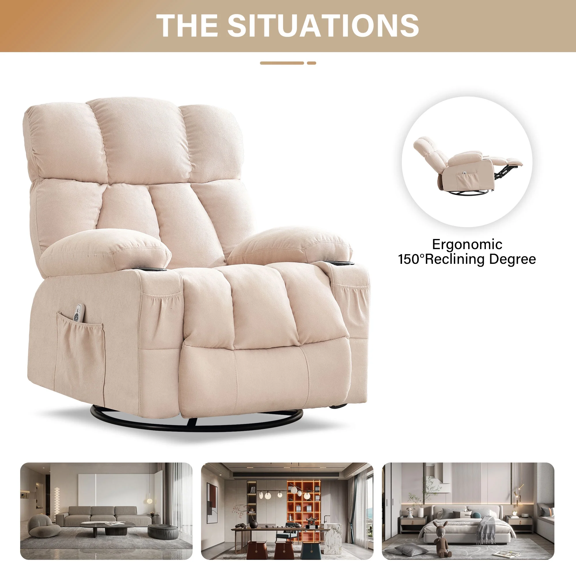 JONPONY Manual Recliner Chair with Heat Therapy and Massage Function, Heavy Duty Reclining Mechanism Massage Chair, Elderly Single Rocker Sofa with Cup Holders for Bedroom Home Theater,Grey - Image 38