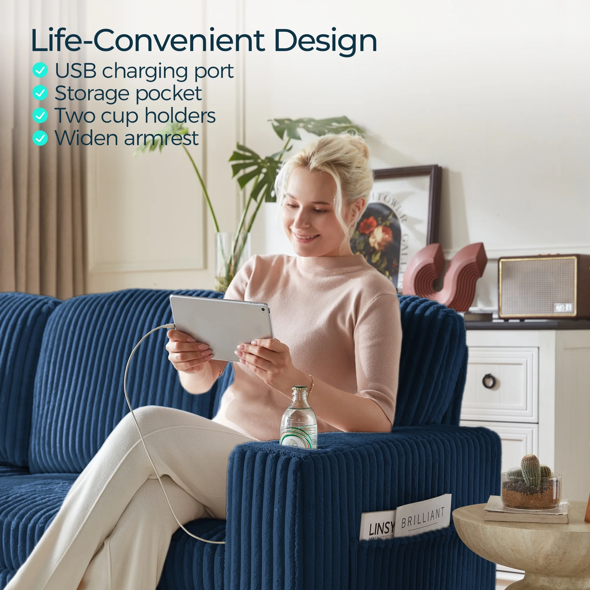 Linsy Home Plush Corduroy Pull Out Couch Chaise Lounge, Convertible Loveseat Sofa Couch With Usb & Cup Holder, Green - Image 14