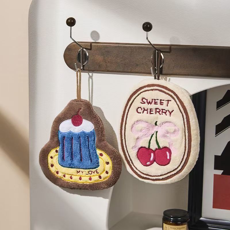 Cute Cherry Cake Design Cotton Hand Towel Quick-Dry for Home Use Absorbent Kitchen Bathroom Cloth
