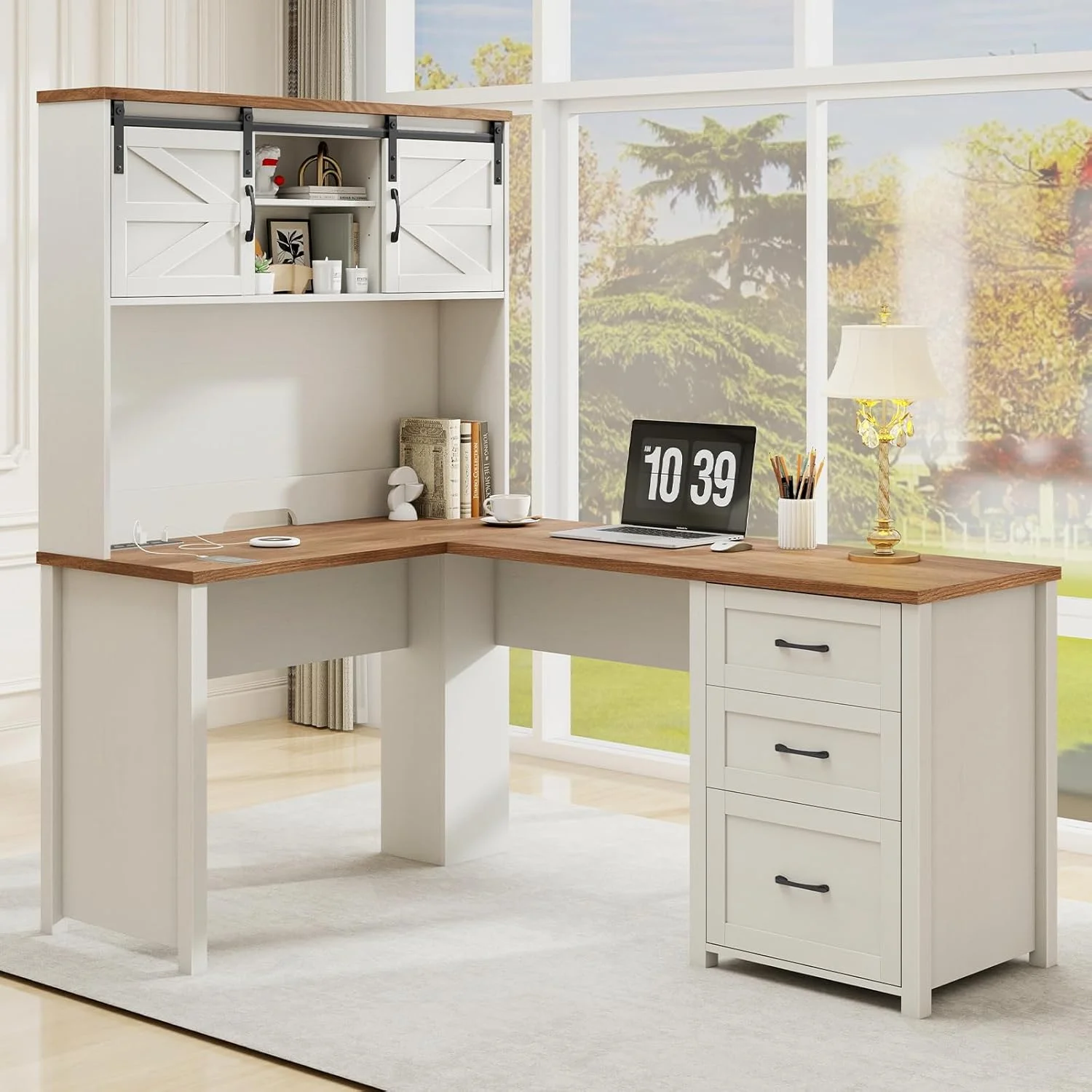 Vabches 68" H L Shaped Desk and Hutch with Storage, Office Desk with Drawers, Charging Station, Sliding Doors, Unique White - Image 7