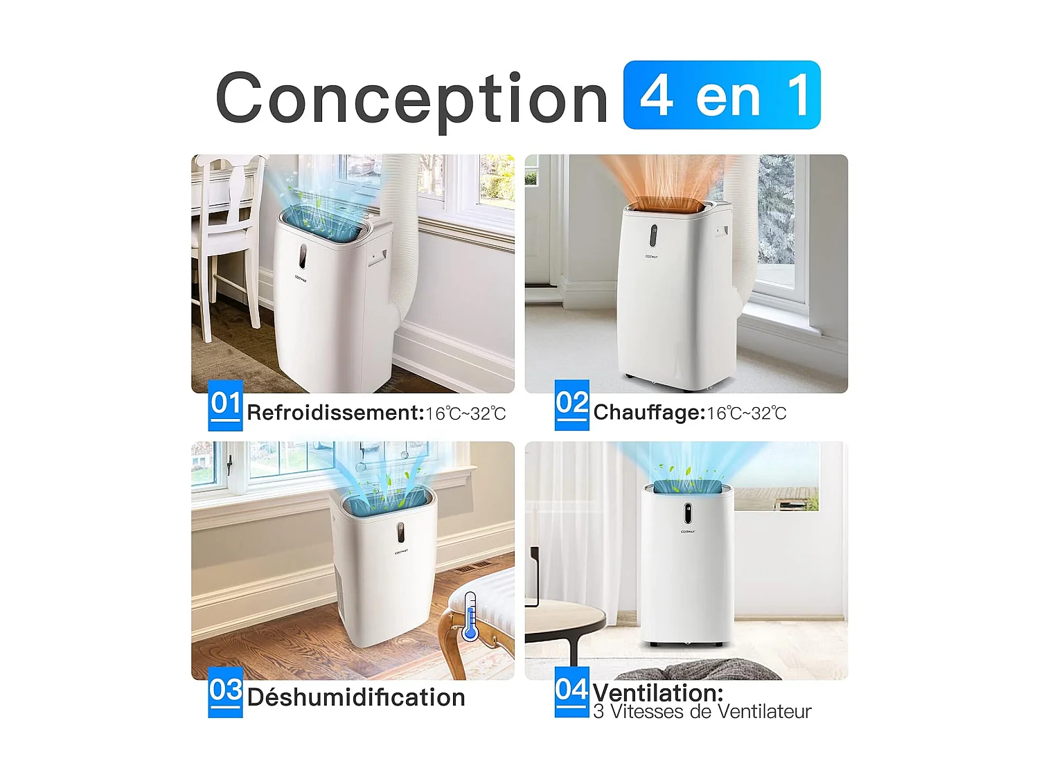 Climatiseur Mobile 5 en 1 R290 14000BTU [Classe énergétique A] Contrôle Télécommande/APP Chauffage Rafraîchissement Déshumidification Ventilateur et Mode Nuit