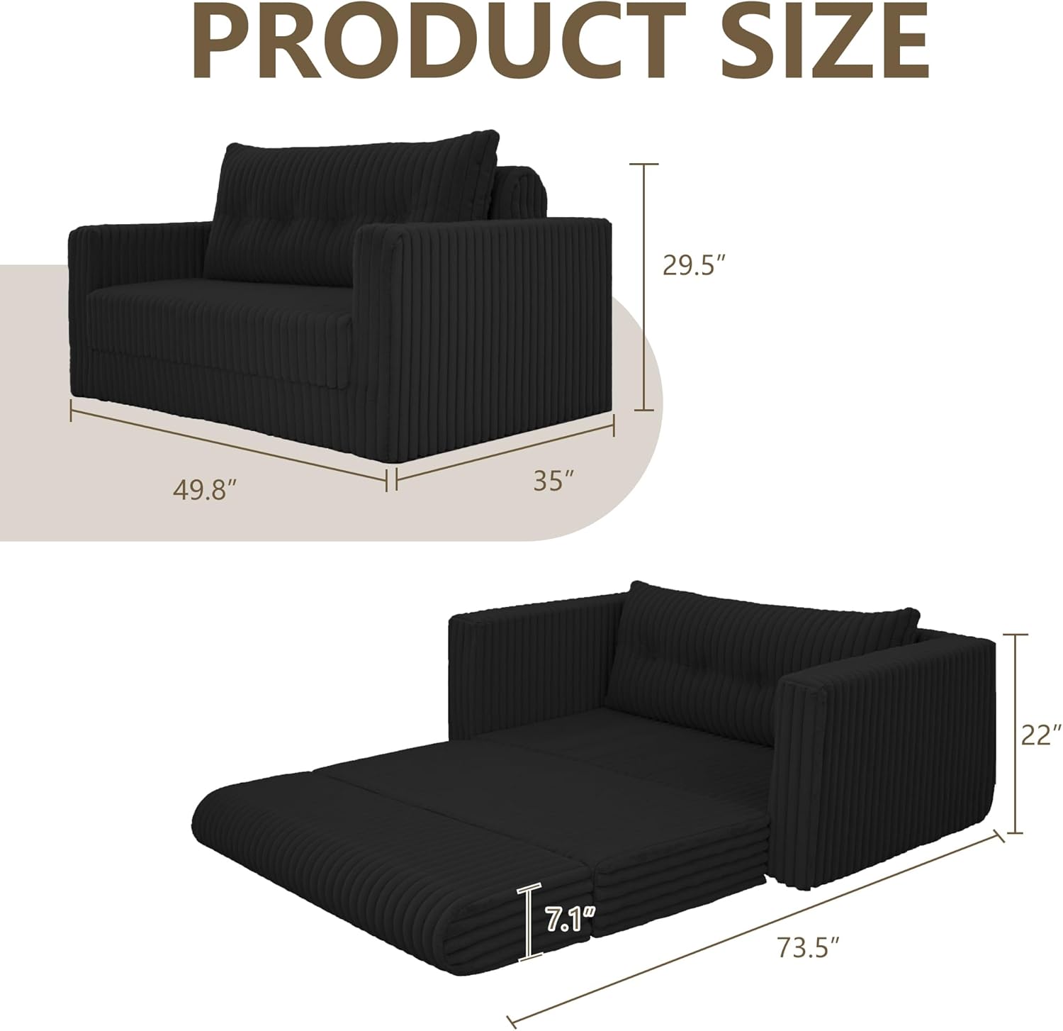 HABUTWAY Folding Sofa Bed, 2 in 1 Convertible Sleeper Chair with Pillow, Portable Fold Out Chair Bed with Armrest, Comfy Floor Couch, Lazy Sofa for Living Room Bedroom Dorm Home Office, Black