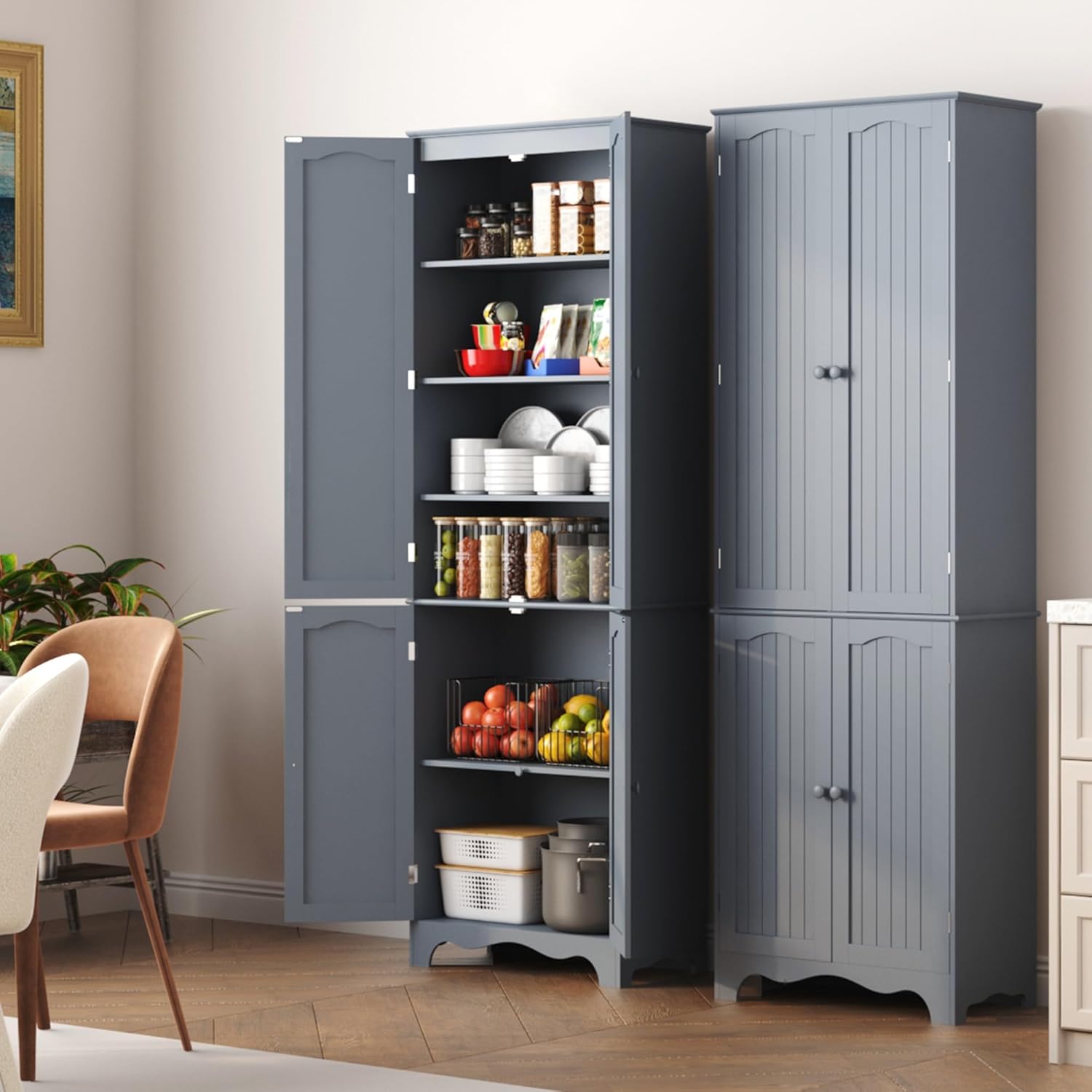 Function Home Tall Pantry Cabinet, Freestanding Storage Cabinet, Wooden Kitchen Pantry with 4 Doors and 5 Shelves, 72