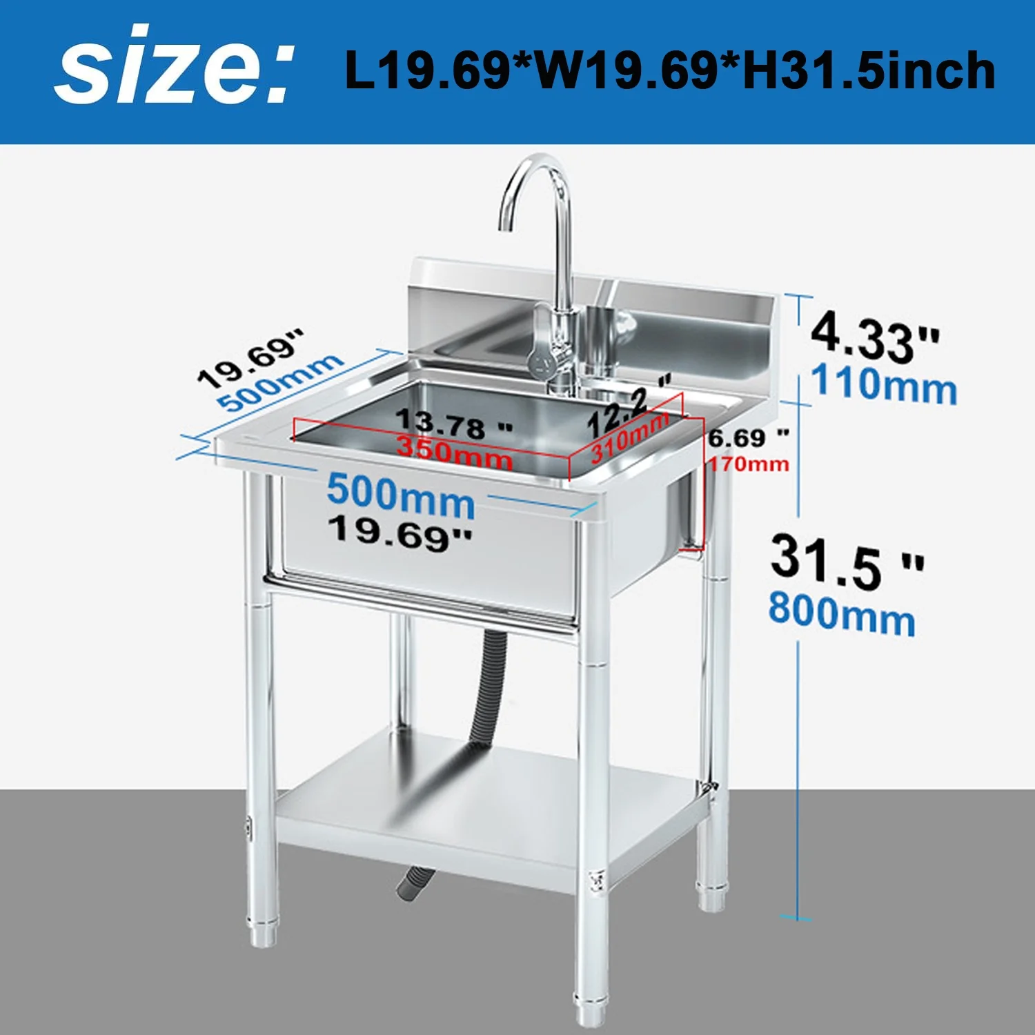 Stainless Steel Sink Utility Sinks Freestanding Single Bowl Laundry Sink with Hot and Cold Water Plumbing for Restaurant, Laundry Room, Garage, Commercial Kitchen